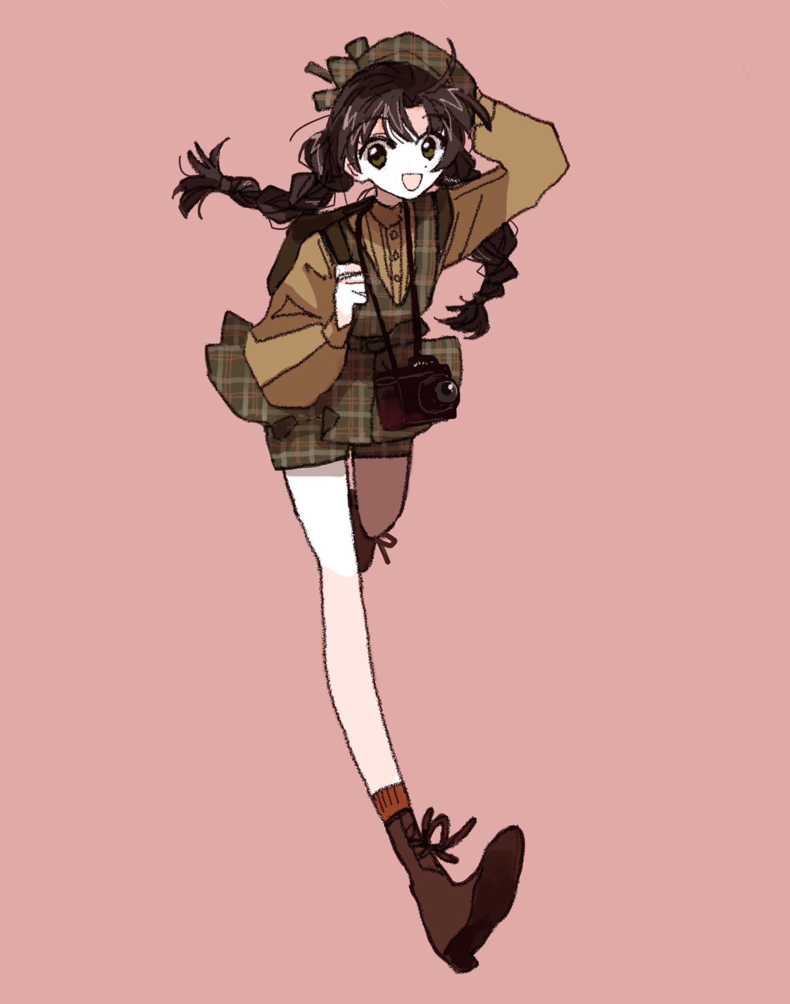yasu urayaka, original, highres, 1girl, :d, bag, boots, braid, checkered clothes, dress, full body, green eyes, hat, long hair, looking at viewer, open mouth, simple background, skirt, smile, solo, standing, standing on one leg, twin braids
