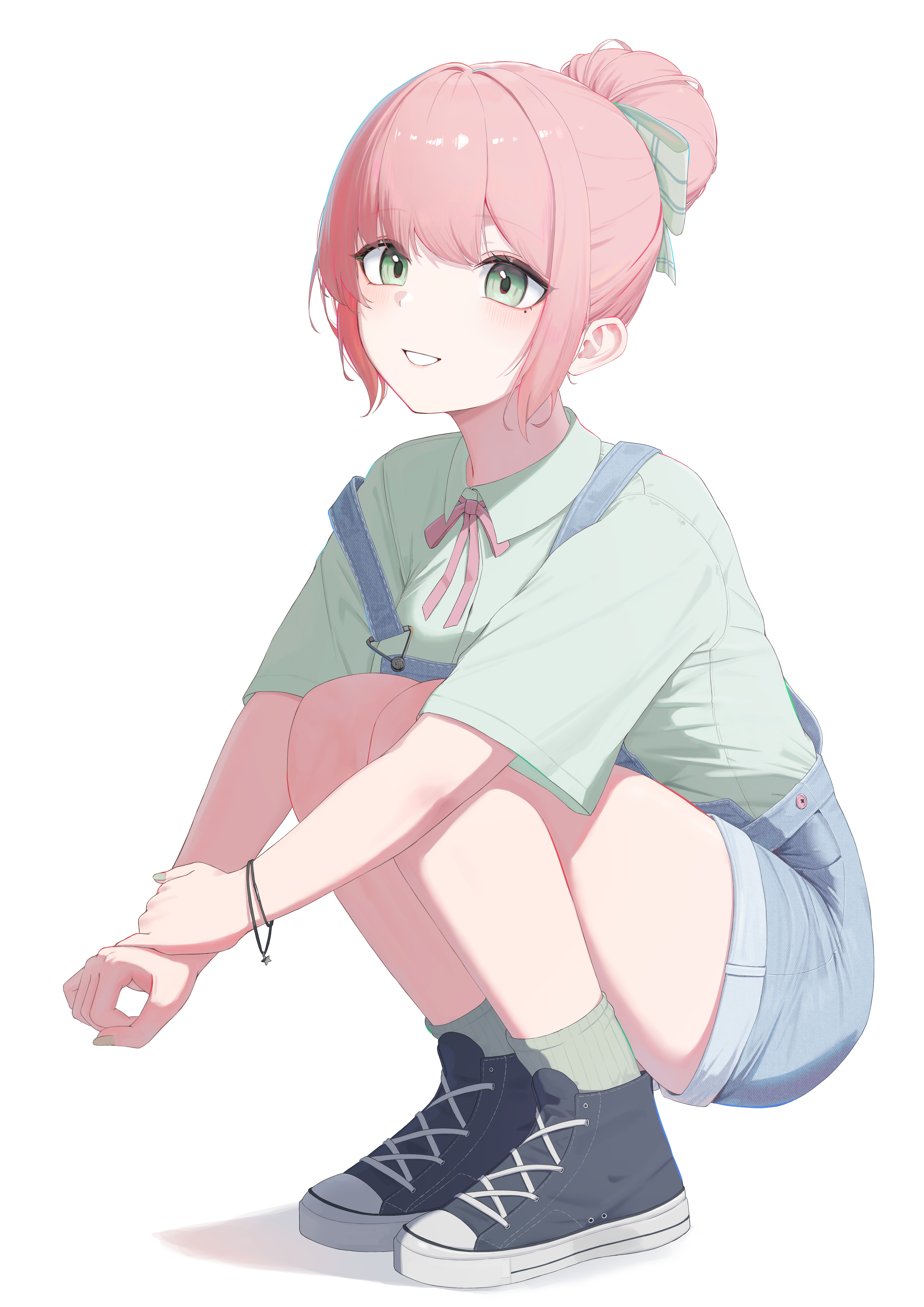 pige pig, original, absurdres, highres, 1girl, ankle socks, blue overalls, bow, breasts, collared shirt, denim overalls, full body, green bow, green eyes, green shirt, green socks, hair bow, hair bun, holding own wrist, large breasts, looking at viewer, overalls, pink hair, pink ribbon, ribbon, shirt, shoes, short sleeves, simple background, single hair bun, smile, sneakers, socks, solo, squatting, teeth, white background