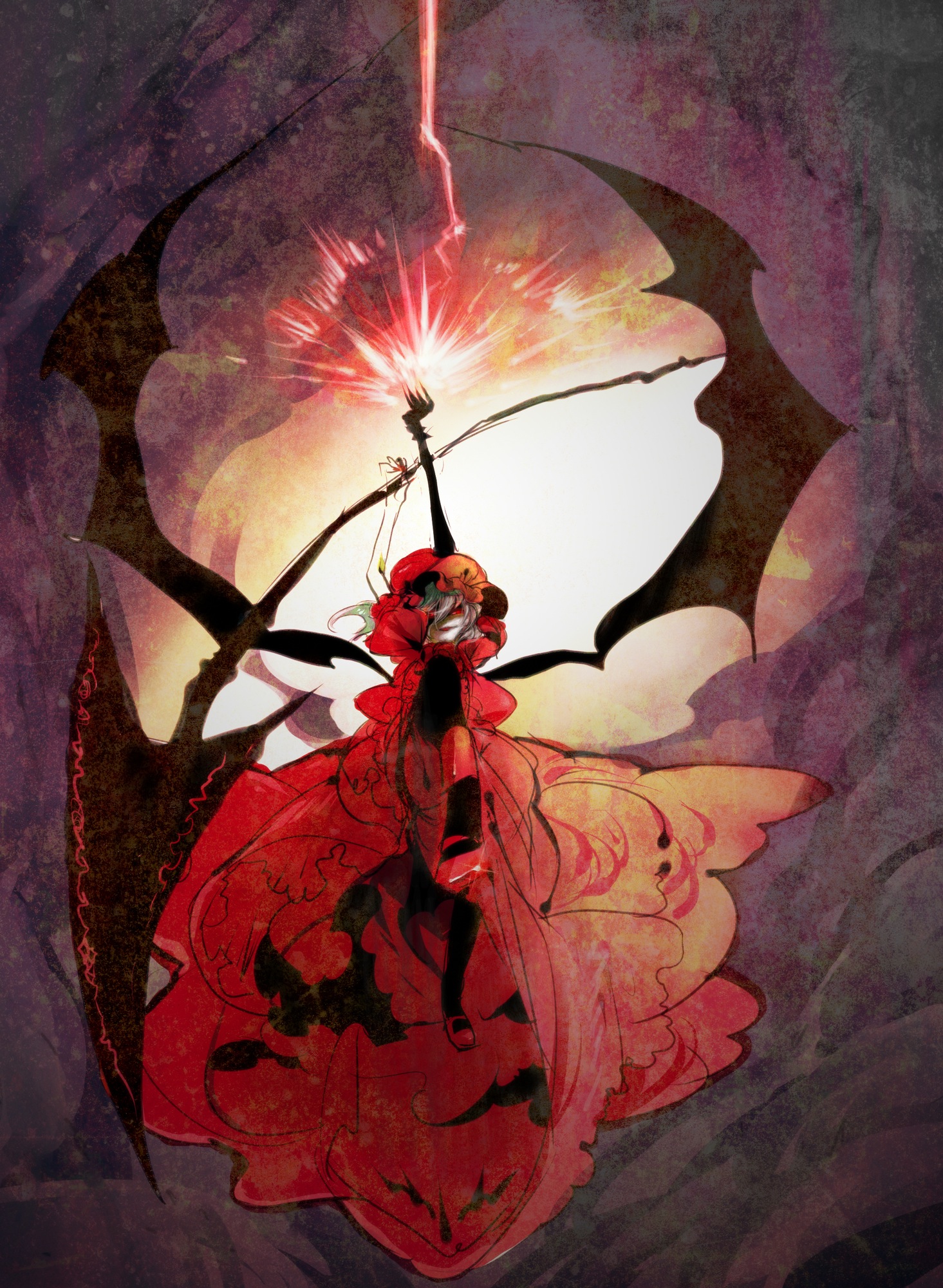 remilia scarlet, touhou, highres, 1girl, female focus, glowing, glowing eyes, lightning, red eyes, solo, spear the gungnir, wings