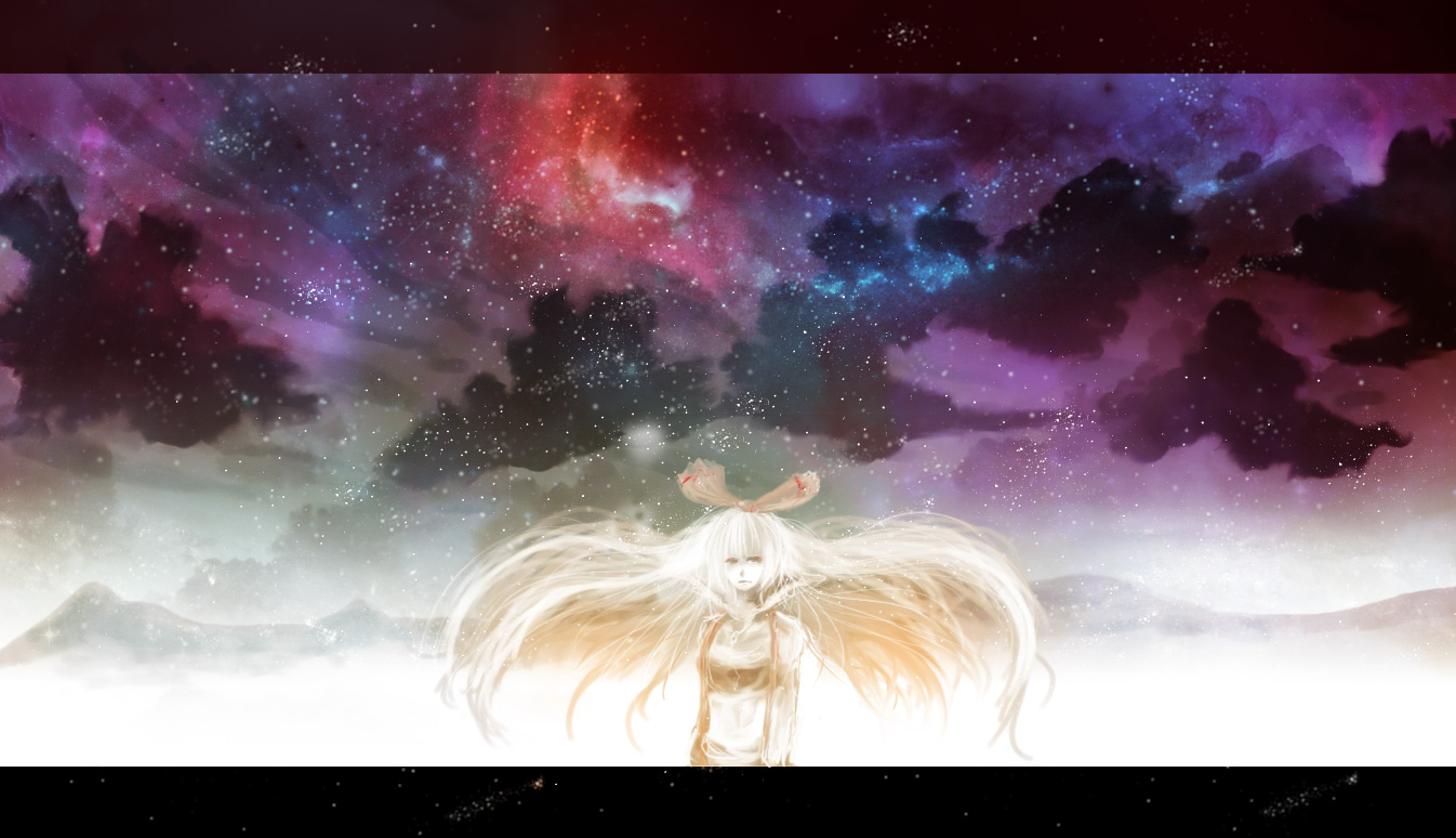 destroyb, fujiwara no mokou, touhou, bad id, bad pixiv id, 1girl, bow, female focus, hair bow, landscape, outdoors, sky, snow, solo, standing, suspenders, upper body, white hair