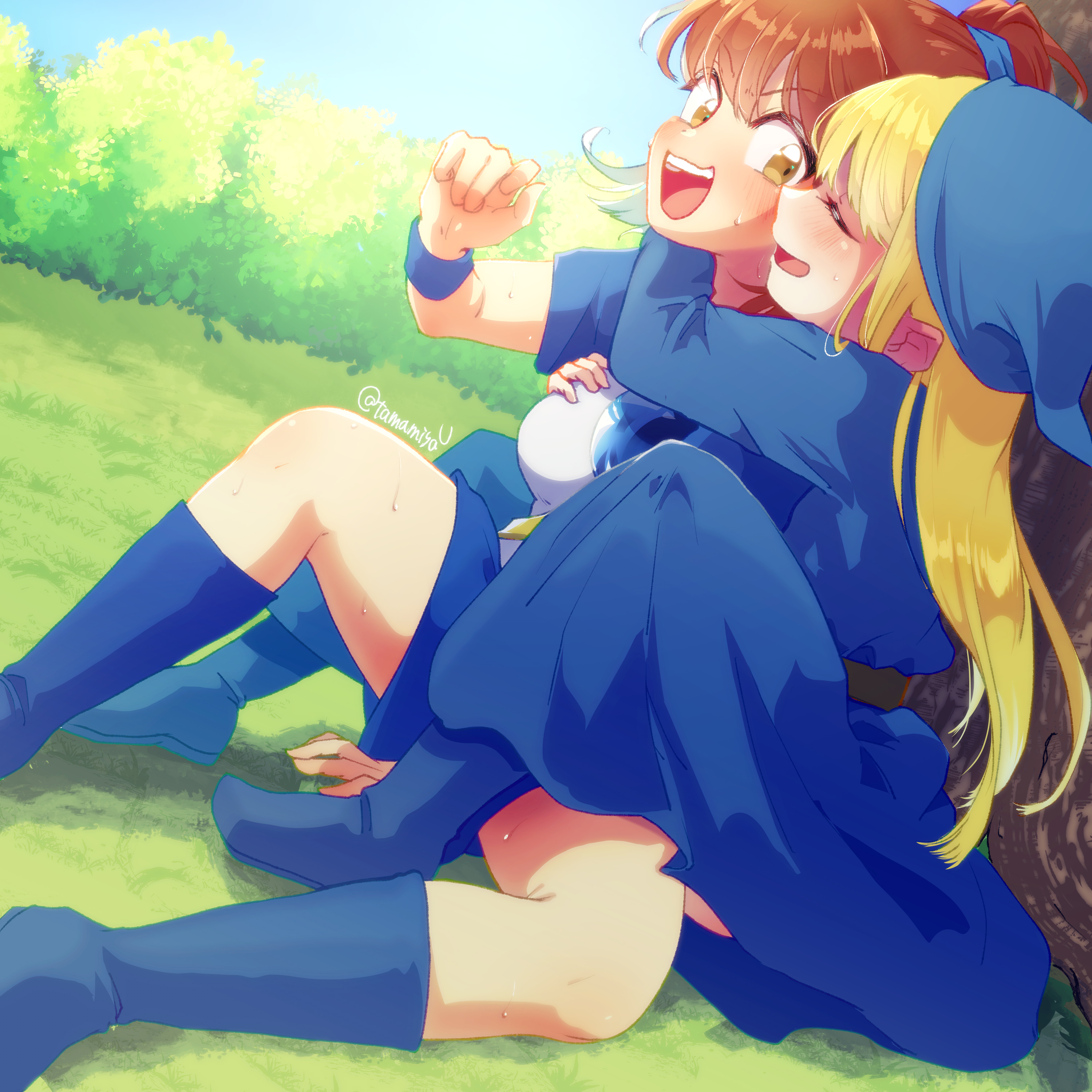 arle nadja, witch (puyopuyo), madou monogatari, puyopuyo, puyopuyo sun, absurdres, commentary request, highres, 2girls, armor, belt, blonde hair, blue boots, blue hat, blue robe, blue skirt, blush, boots, breastplate, breasts, brown eyes, brown hair, grabbing another's breast, grabbing another's face, groping, half updo, hat, head grab, hug, long hair, looking to the side, medium breasts, multiple girls, on ground, open mouth, phrygian cap, ponytail, robe, short hair, sidelocks, sitting, skirt, spread legs, sweat, tamamiyau, witch