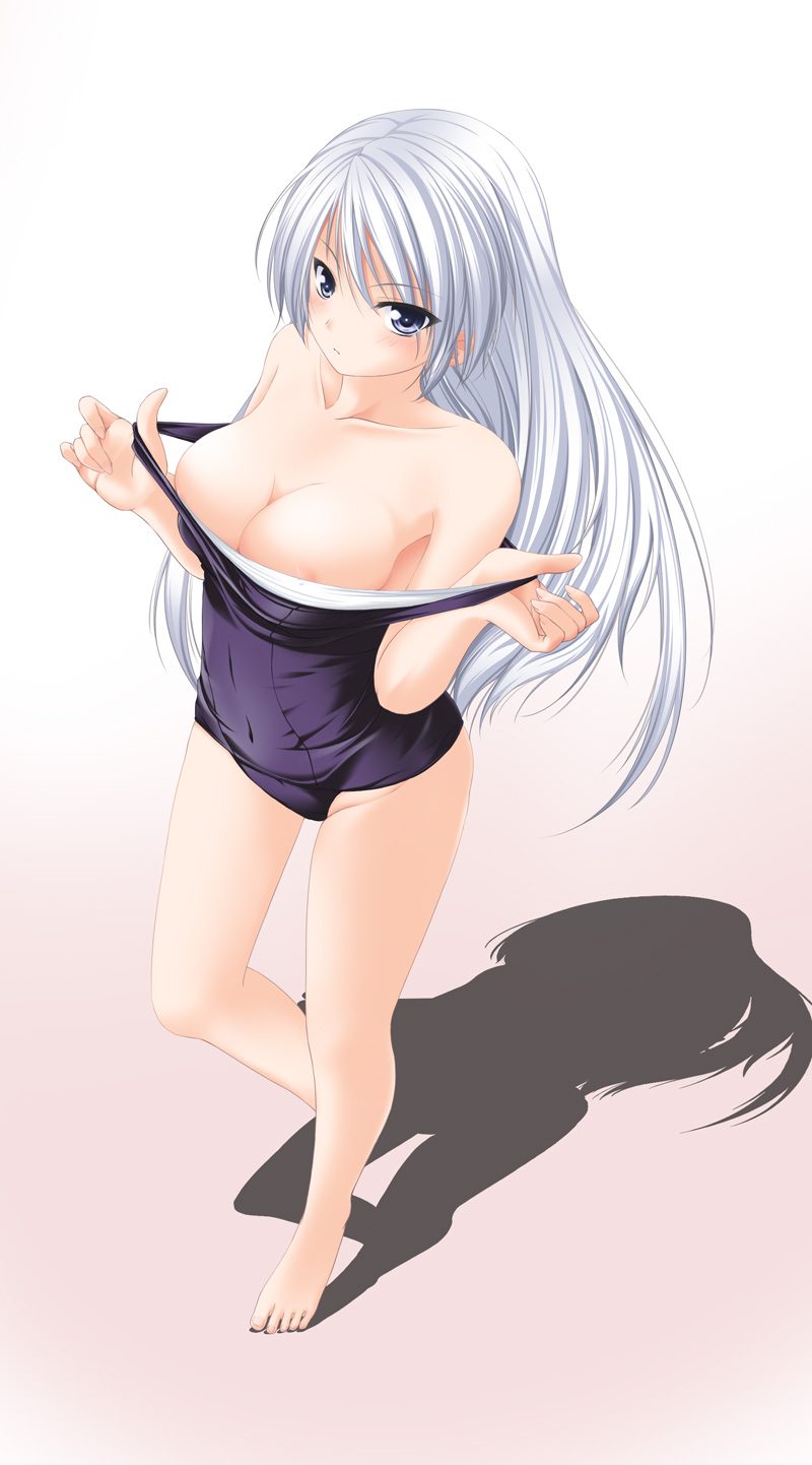 amicis, original, highres, 1girl, barefoot, breasts, clothes pull, female focus, large breasts, long hair, one-piece swimsuit, one-piece swimsuit pull, pulling own clothes, school swimsuit, shadow, solo, swimsuit