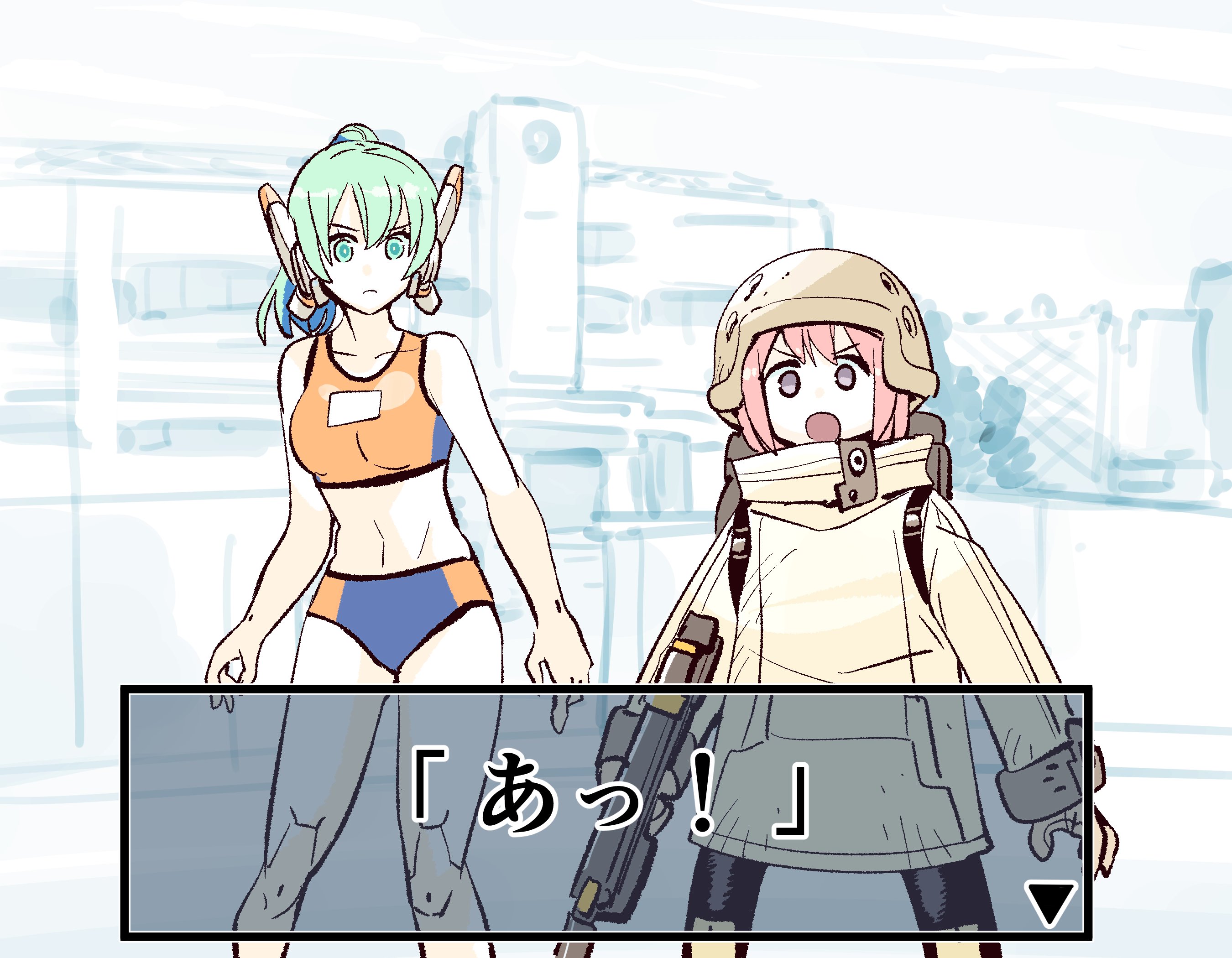 kato takuji, highres, translation request, 2girls, android, blue eyes, blue hair, breasts, combat helmet, crop top, dialogue box, gloves, gun, helmet, holding, holding gun, holding weapon, jacket, joints, long hair, mechanical legs, midriff, multiple girls, pink hair, ponytail, purple eyes, rifle, robot girl, robot joints, science fiction, short hair, sports bra, sports panties, sportswear, tactical clothes, weapon