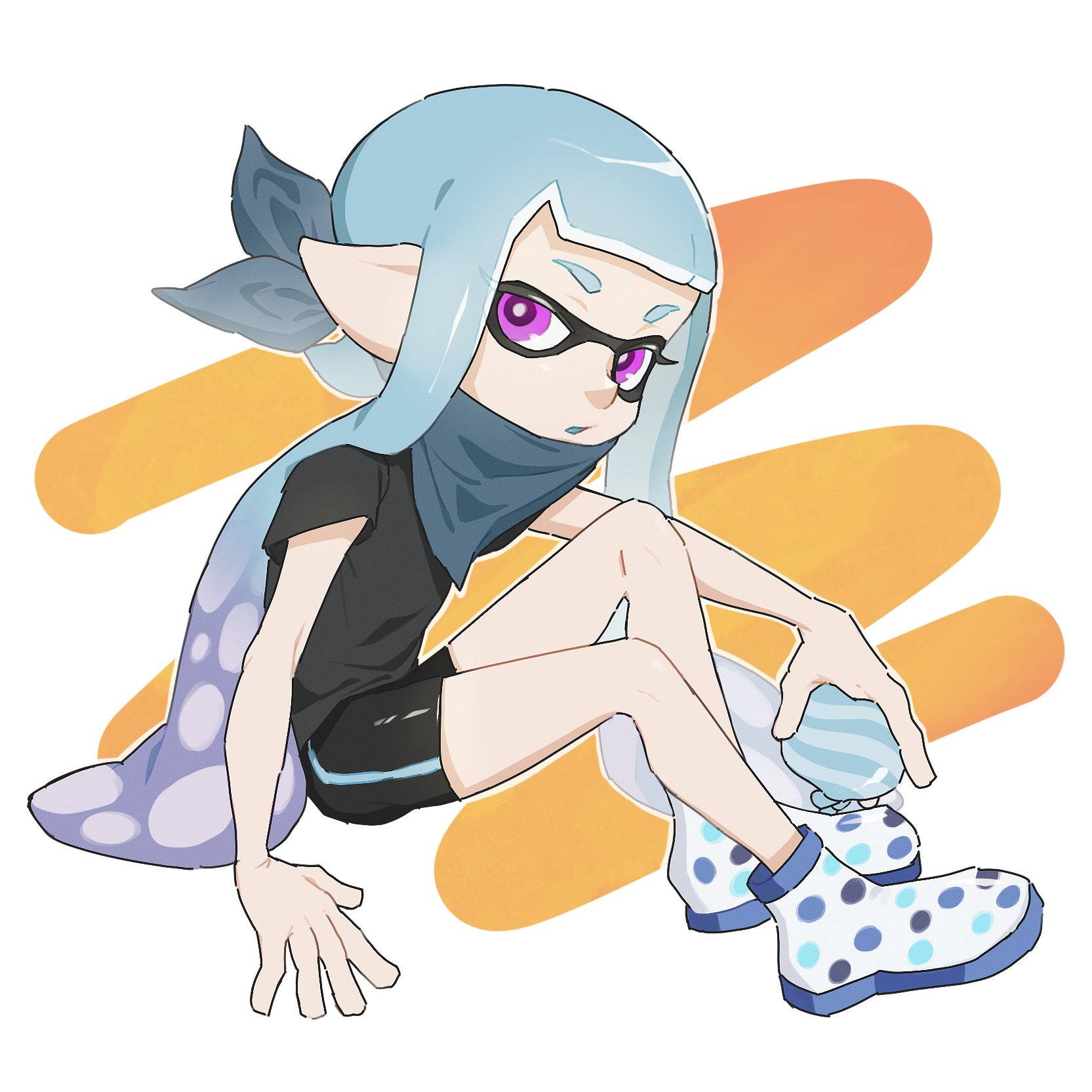 nupi (nu 55), inkling girl, inkling player character, nintendo, splatoon (series), splatoon 3, commentary request, highres, 1girl, bike shorts, black shirt, black shorts, blue hair, burst bomb (splatoon), full body, inkling, long hair, looking at viewer, pink eyes, shirt, shoes, shorts, sitting, solo, tentacle hair, very long hair, white background