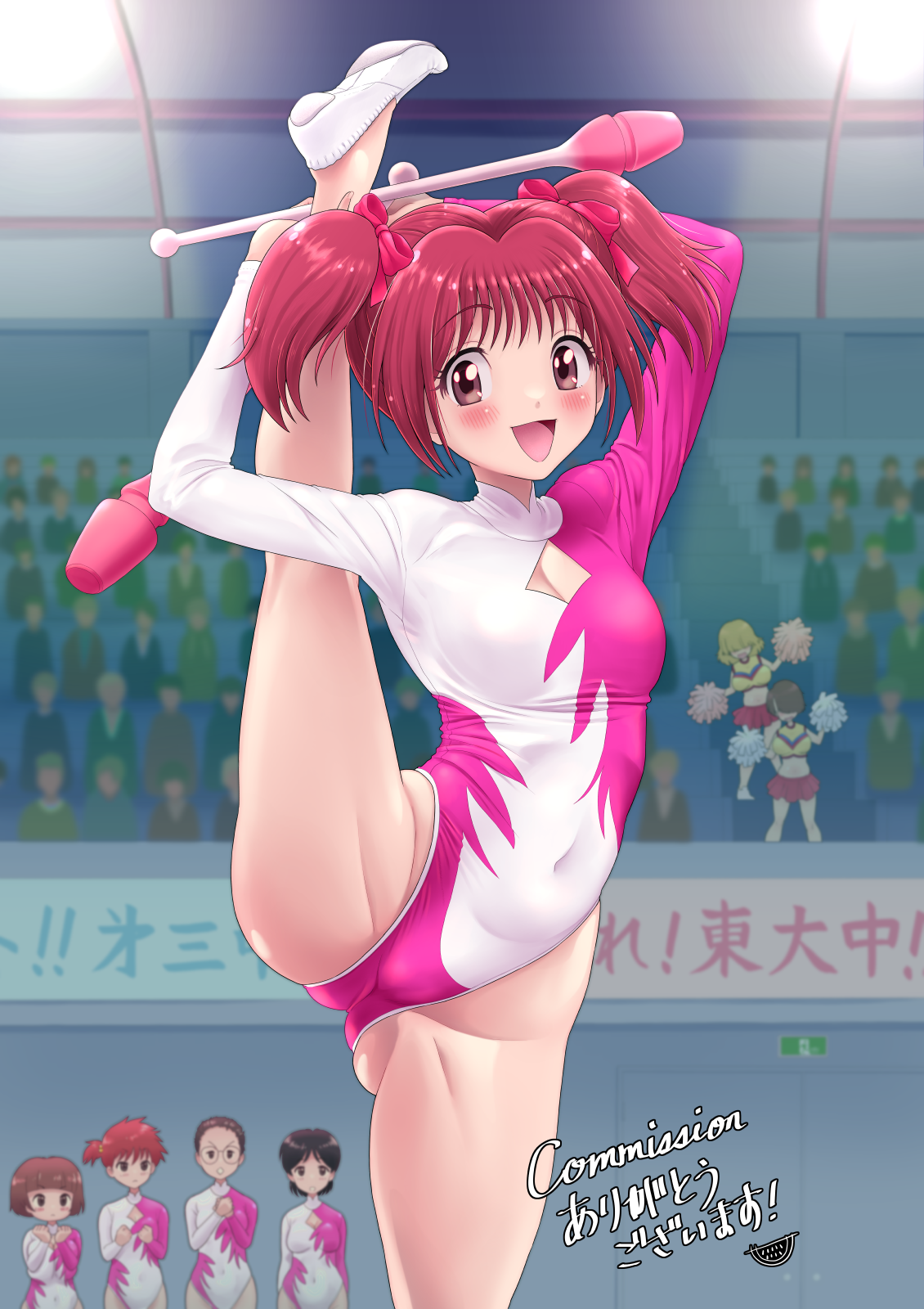 suika blue, momomiya ichigo, tokyo mew mew, commentary request, commission, highres, pixiv commission, 6+girls, above-cleavage cutout, athletic leotard, cheerleader, clothing cutout, covered navel, cowboy shot, gymnastics, highleg, highleg leotard, juggling club, leotard, long sleeves, multicolored leotard, multiple girls, red eyes, red hair, rhythmic gymnastics, short hair, solo focus, split, standing, standing on one leg, standing split, twintails, two-tone leotard, white leotard
