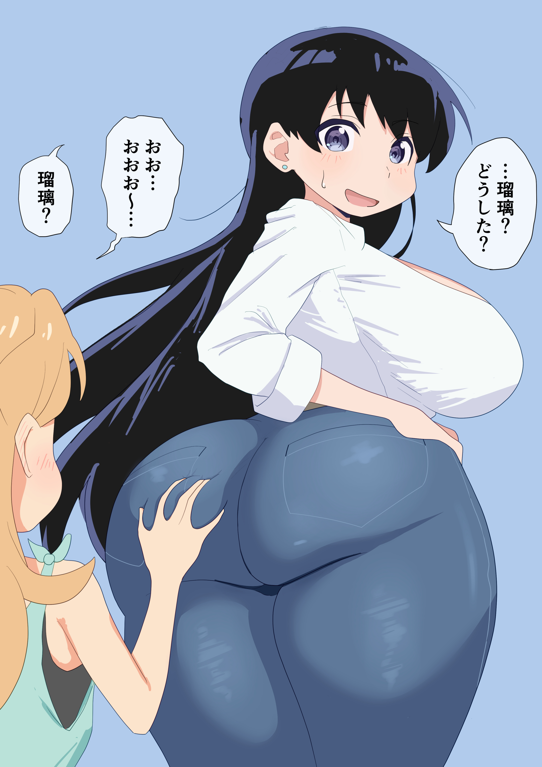 dainaru, arato nagi, tanigawa ruri, ruri no houseki, absurdres, highres, 2girls, ass, japanese text, multiple girls