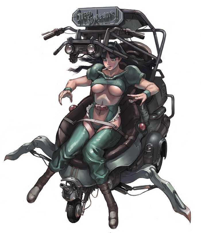 junny, original, jpeg artifacts, 1girl, black hair, boots, breasts, cigarette, female focus, long hair, mecha, robot, solo, underboob