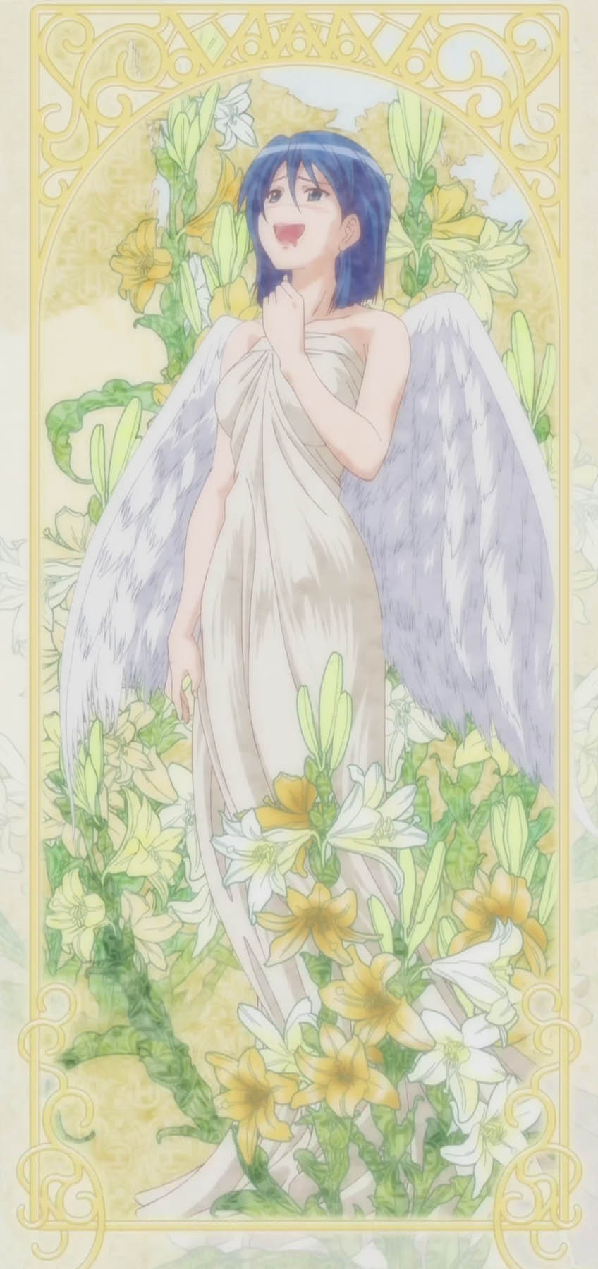 miyamae kanako, maria holic, anime screenshot, highres, stitched, third-party edit, 00s, 1girl, angel, angel wings, art nouveau, bare shoulders, black hair, blush, drooling, female focus, flower, lilies, lily (flower), pervert, saliva, short hair, solo, wings