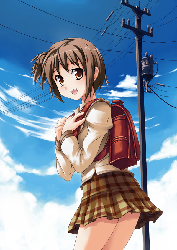 softmode, nekomiya nono, yotsunoha, bad id, bad pixiv id, 00s, 1girl, backpack, bag, brown eyes, brown hair, female focus, plaid clothes, plaid skirt, power lines, randoseru, school uniform, short hair, side ponytail, skirt, solo
