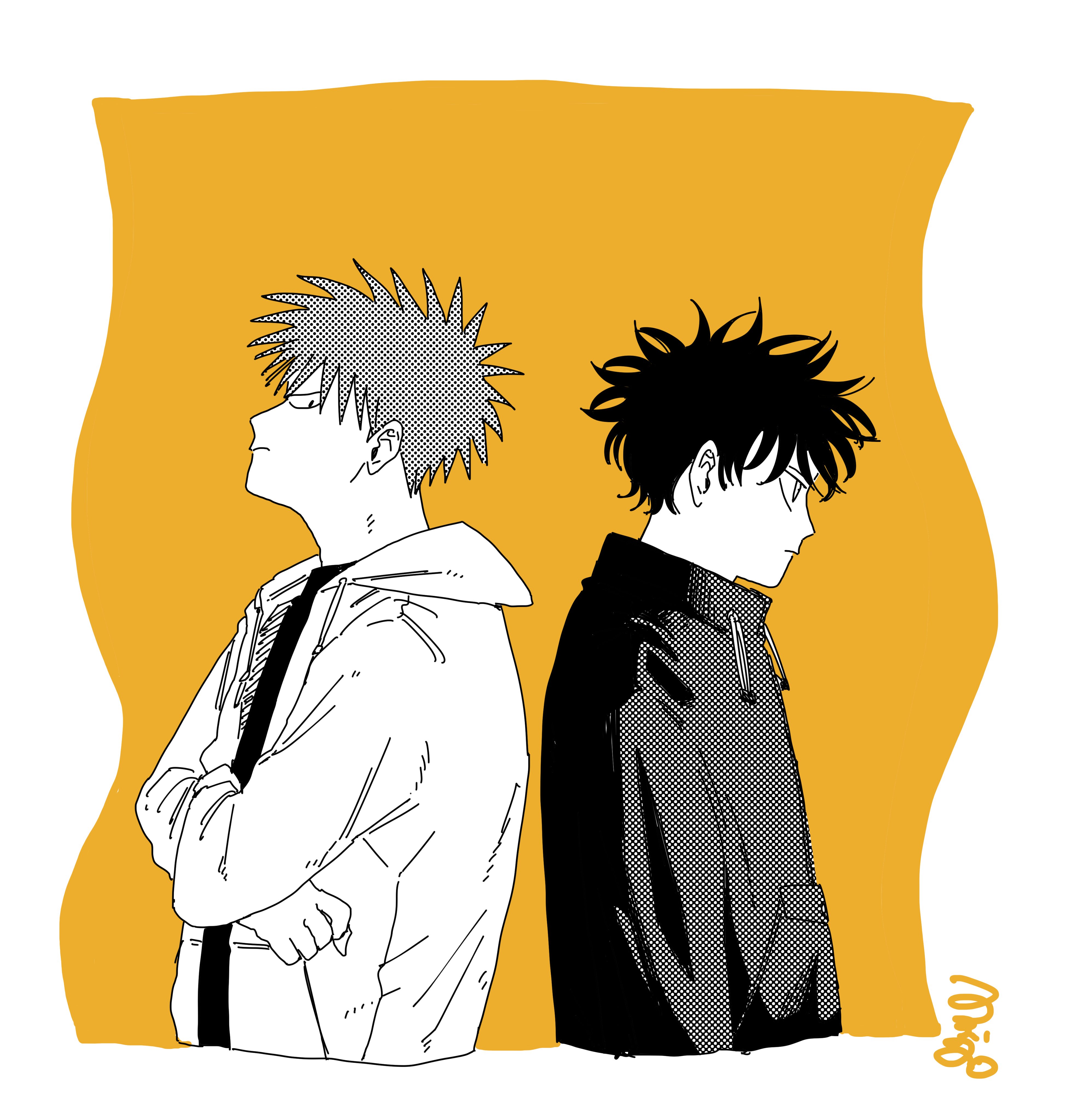 miii y, minaguchi shou, shishiya gaku, dig it, absurdres, highres, 2boys, black hair, black hoodie, black shirt, border, closed mouth, crossed arms, hood, hoodie, jacket, long hair, looking back, messy hair, multiple boys, open clothes, open jacket, serious, shirt, simple background, white border, white jacket, yellow background