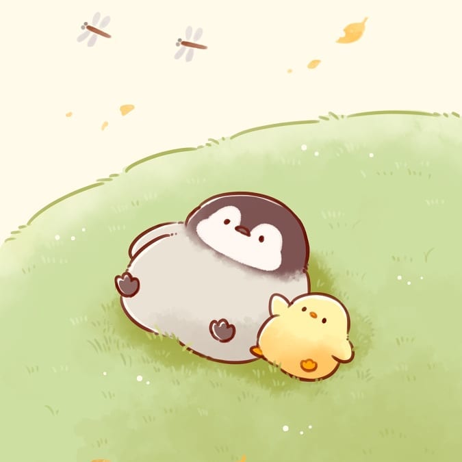 mofupiyo, original, commentary request, animal focus, autumn leaves, baby animal, beak, bird, black eyes, bug, chick, condenser unit, day, dragonfly, insect, leaf, lying, no humans, on back, on grass, penguin, penguin chick, pointing, pointing up, shadow, sky, solid oval eyes, wind, yellow sky