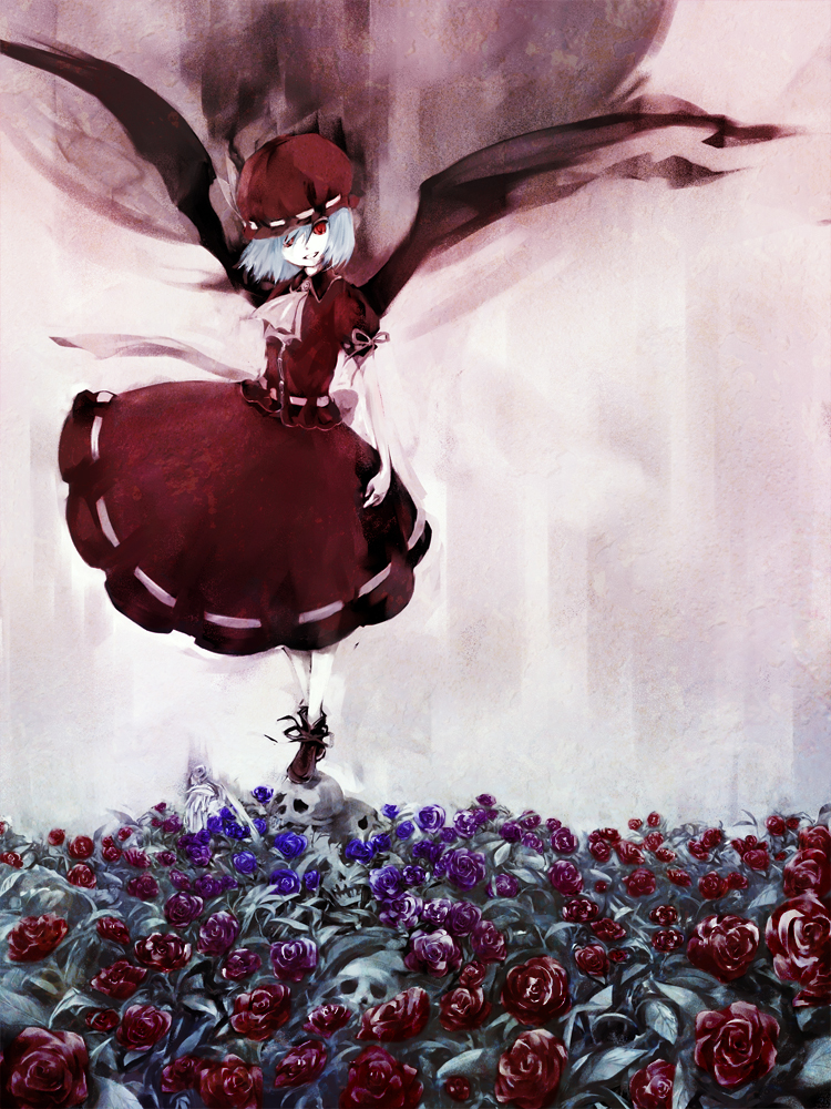 itaya tatsumi, remilia scarlet, touhou, 1girl, bat wings, blue hair, female focus, flower, full body, hat, moon, red eyes, rose, skull, solo, standing, wings