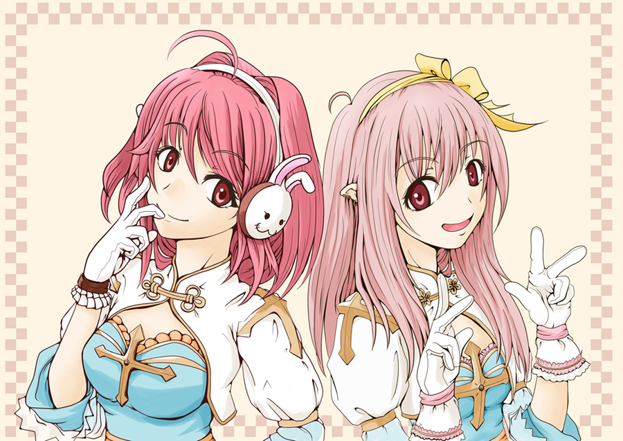 arch bishop (ragnarok online), ragnarok online, commentary request, 2girls, ahoge, blue dress, bow, breasts, cleavage, cleavage cutout, closed mouth, clothing cutout, cross, dress, frilled gloves, frills, gloves, hair bow, hair intakes, juliet sleeves, long hair, long sleeves, looking at viewer, medium breasts, medium hair, multiple girls, open mouth, pink hair, pointy ears, puffy sleeves, rabbit earmuffs, red eyes, red hair, small breasts, smile, surataro, two-tone dress, upper body, white dress, white gloves, yellow background, yellow bow