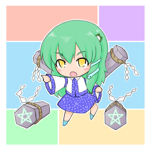 rasa (kanrokuan), kochiya sanae, rasa, touhou, bad id, bad pixiv id, lowres, 1girl, chibi, female focus, frog, green hair, snake, solo, yellow eyes