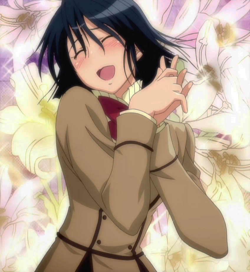 miyamae kanako, maria holic, anime screenshot, stitched, third-party edit, 00s, 1girl, black hair, blush, closed eyes, female focus, flower, happy, lilies, lily (flower), open mouth, school uniform, short hair, solo