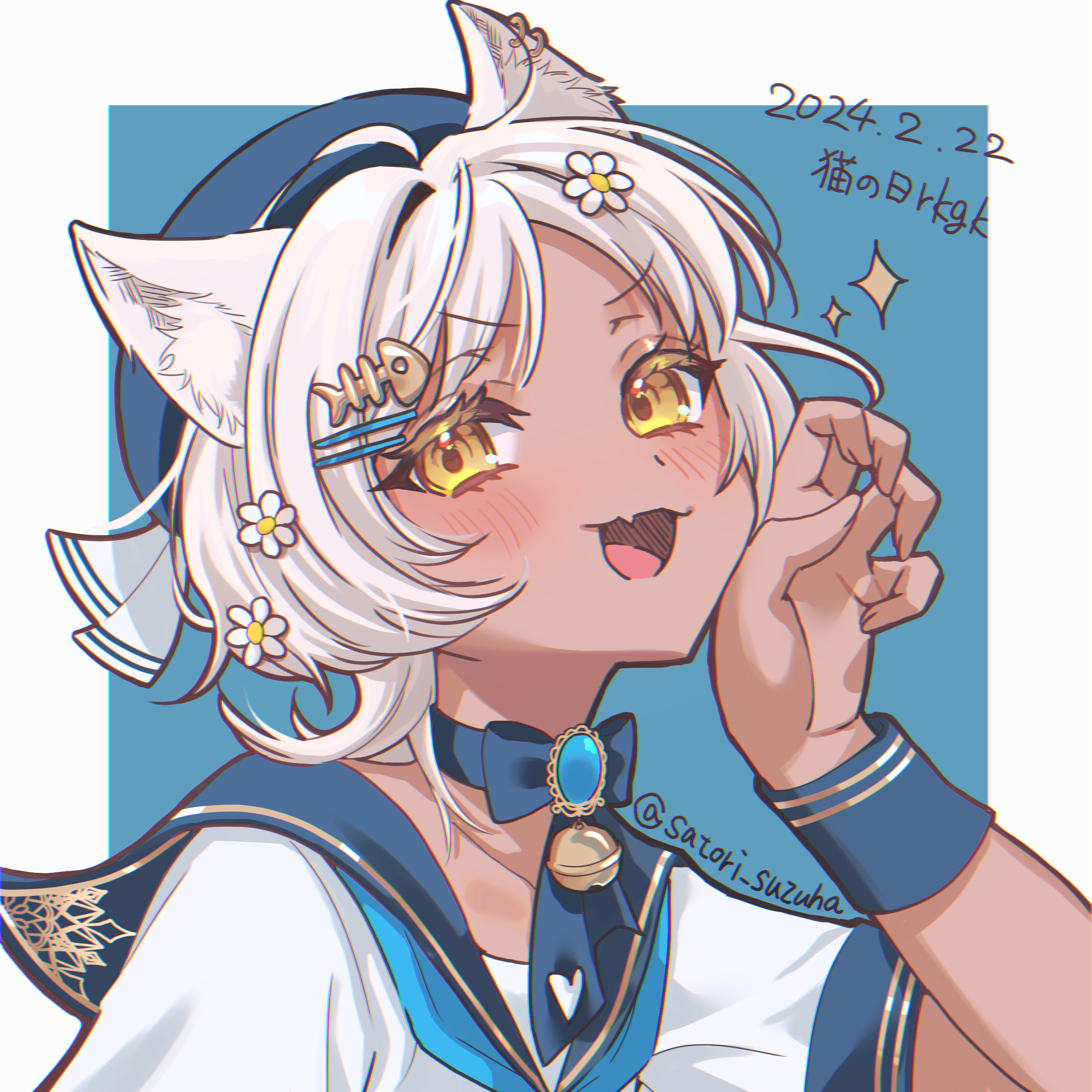 satori suzuha, original, absurdres, commentary request, highres, 1girl, :d, animal ear fluff, animal ears, blue background, blue choker, blue neckerchief, blue sailor collar, blush, border, bow, bow choker, cat day, cat ears, cat girl, choker, claw pose, dated, fang, fish skeleton hair ornament, hair ornament, hairclip, hand up, looking at viewer, neckerchief, open mouth, outside border, parallel hairclips, parted bangs, portrait, sailor collar, school uniform, serafuku, shirt, short hair, short sleeves, simple background, skin fang, smile, solo, sparkle, white border, white hair, white shirt, wrist cuffs