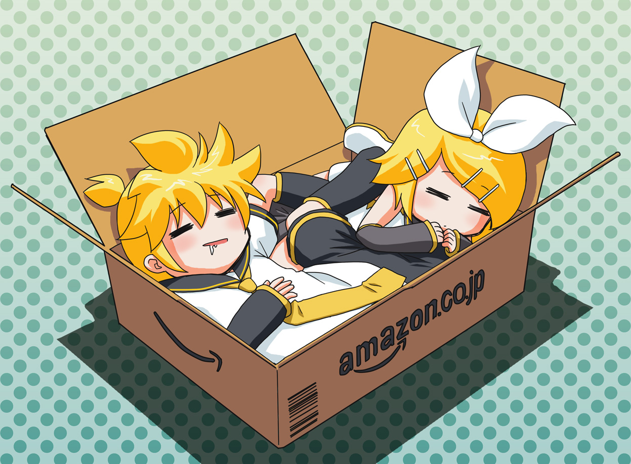 yukako, kagamine len, kagamine rin, amazon (company), vocaloid, 1boy, 1girl, = =, blonde hair, box, brother and sister, cardboard box, closed eyes, detached sleeves, drooling, in box, in container, necktie, polka dot, polka dot background, ribbon, siblings, sleeping, twins, yellow necktie