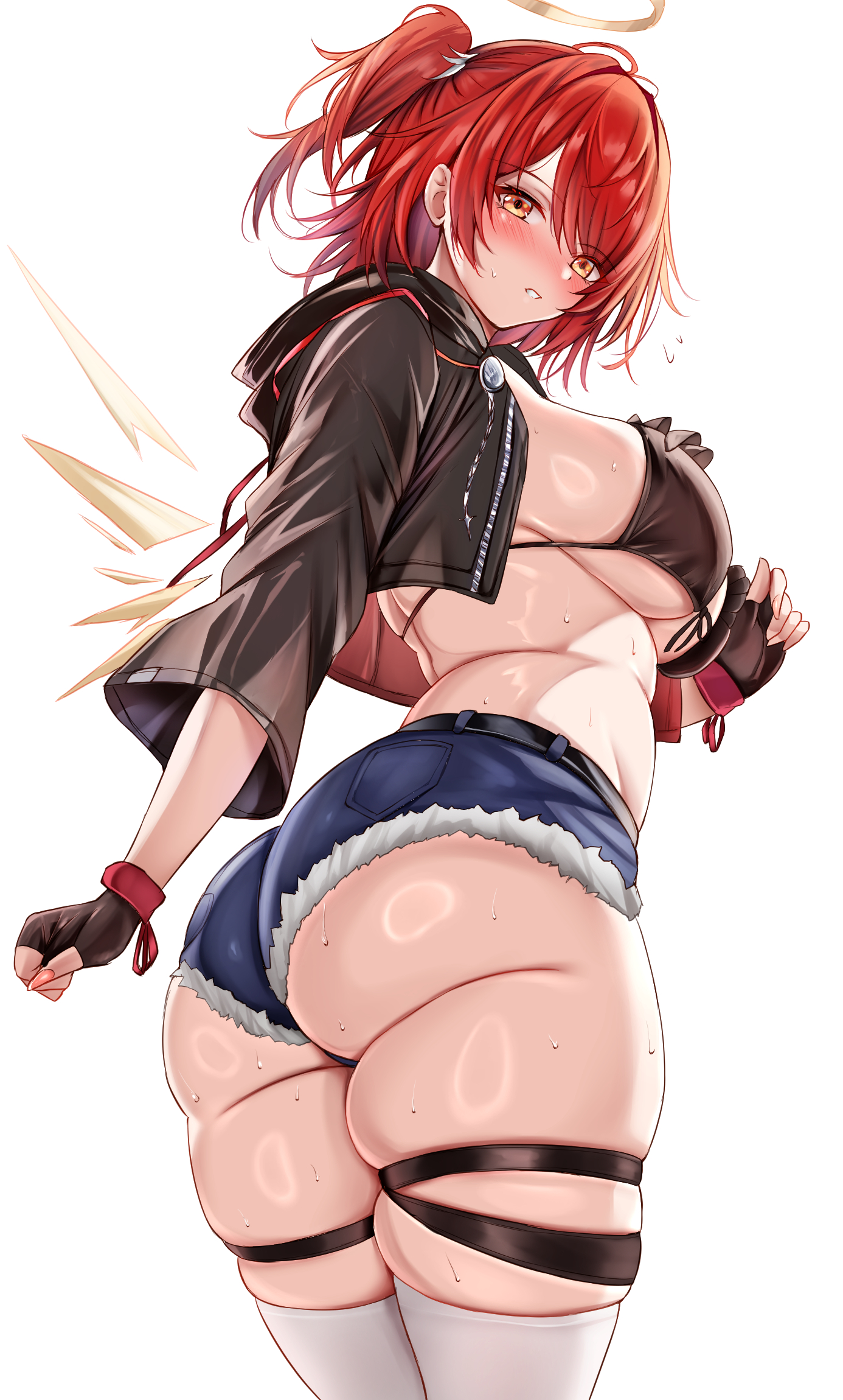 uminekoin kujira, exusiai (arknights), exusiai the new covenant (arknights), arknights, commentary request, highres, 1girl, alternate breast size (larger), alternate costume, angel, ass, bikini, black bikini, black gloves, black jacket, breasts, denim, denim shorts, detached wings, fingerless gloves, from side, gloves, halo, jacket, large breasts, looking at viewer, red hair, short hair, shorts, side ponytail, simple background, solo, swimsuit, thigh strap, thighhighs, thighs, white background, white thighhighs, wings, yellow eyes