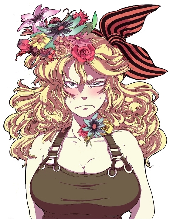 fxpdj, kouta (fxpdj), lunch (bad) (dragon ball), lunch (dragon ball), dragon ball, bad id, bad pixiv id, 1girl, angry, bandana, blonde hair, blue eyes, blush, breasts, cleavage, curly hair, female focus, flower, hair flower, hair ornament, huge breasts, large breasts, long hair, overalls, ribbon, solo, strapless, suspenders, sweat, tube top