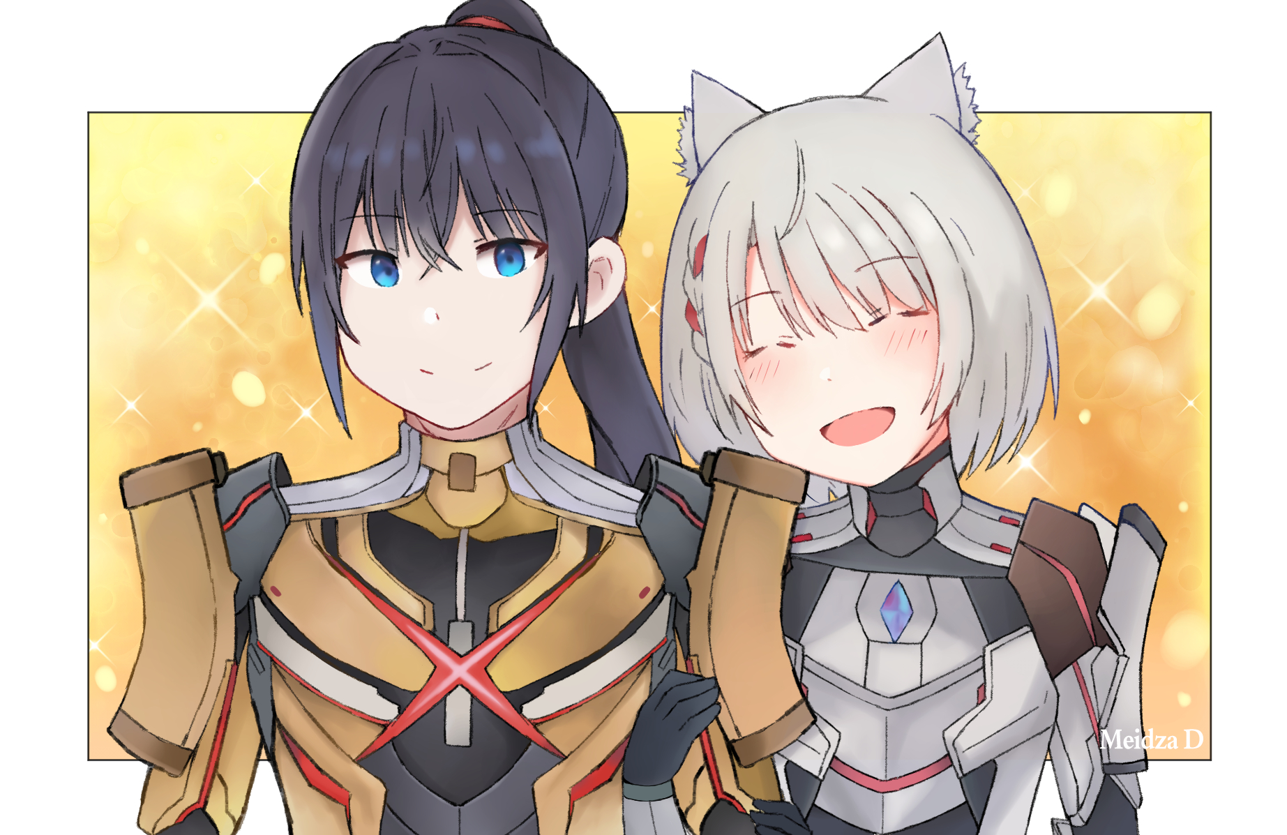 meidza d, m (xenoblade), mio (xenoblade), n (xenoblade), noah (xenoblade), xenoblade chronicles (series), xenoblade chronicles 3, commentary, english commentary, highres, 1boy, 1girl, animal ears, armor, black hair, blue eyes, blush, border, cat ears, cat girl, closed eyes, cosplay, high ponytail, m (xenoblade) (cosplay), n (xenoblade) (cosplay), open mouth, outside border, ponytail, smile, sparkle, white border, yellow background