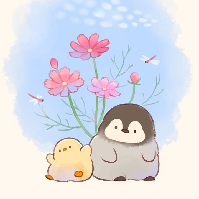 mofupiyo, original, commentary request, animal focus, baby animal, beak, bird, black eyes, blue sky, bud, bug, chick, day, dragonfly, flower, insect, looking at another, no humans, outdoors, penguin, penguin chick, pink flower, sitting, sky, solid oval eyes