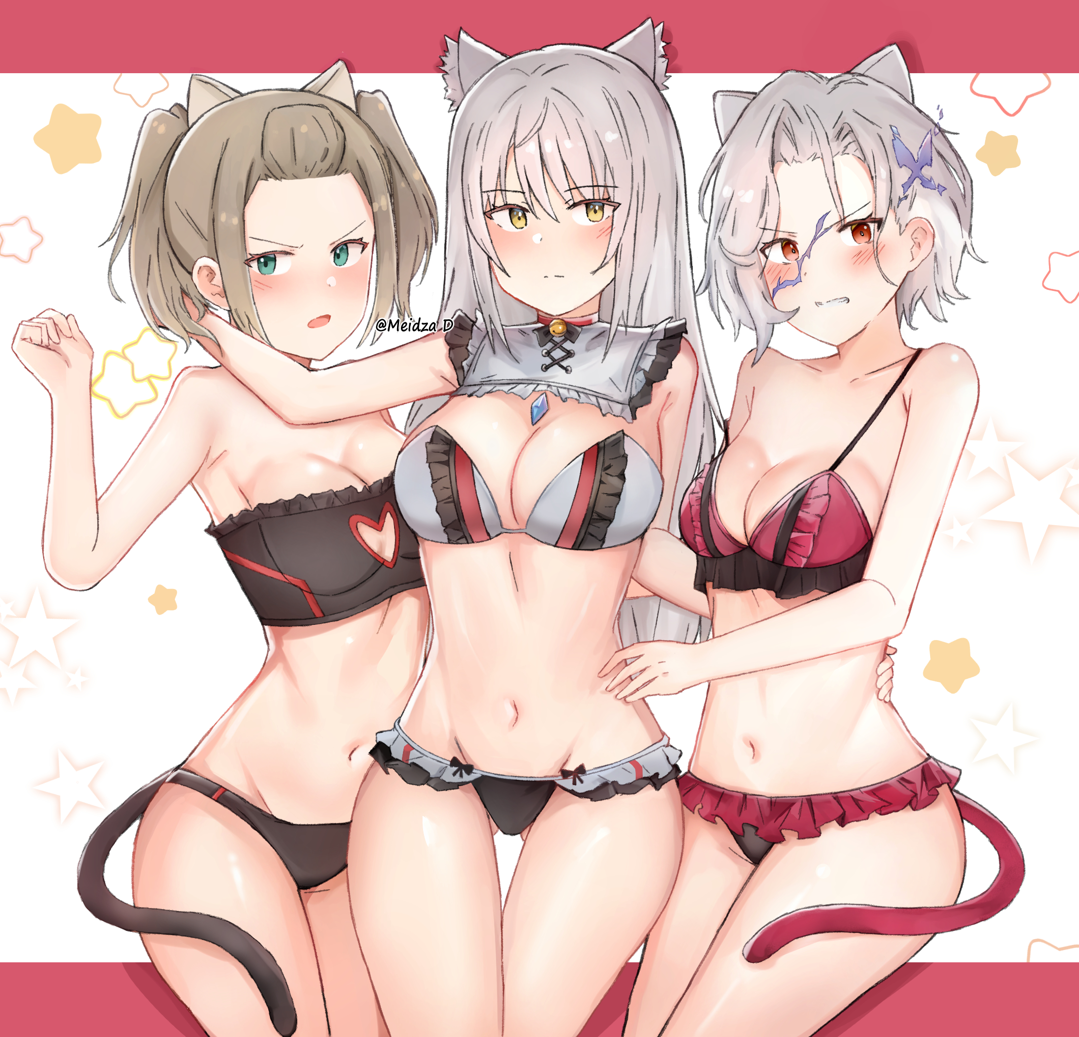 meidza d, m (xenoblade), shania (xenoblade), x (xenoblade), xenoblade chronicles (series), xenoblade chronicles 3, commentary, english commentary, highres, 3girls, alternate costume, angry, animal ears, armpit crease, bikini, black bikini, blush, breasts, brown hair, cat ears, cat girl, cat tail, collarbone, fake animal ears, fake tail, green eyes, grey hair, large breasts, looking at viewer, medium breasts, multiple girls, navel, open mouth, red eyes, standing, swimsuit, tail, twintails, v-shaped eyebrows, white background, yellow eyes