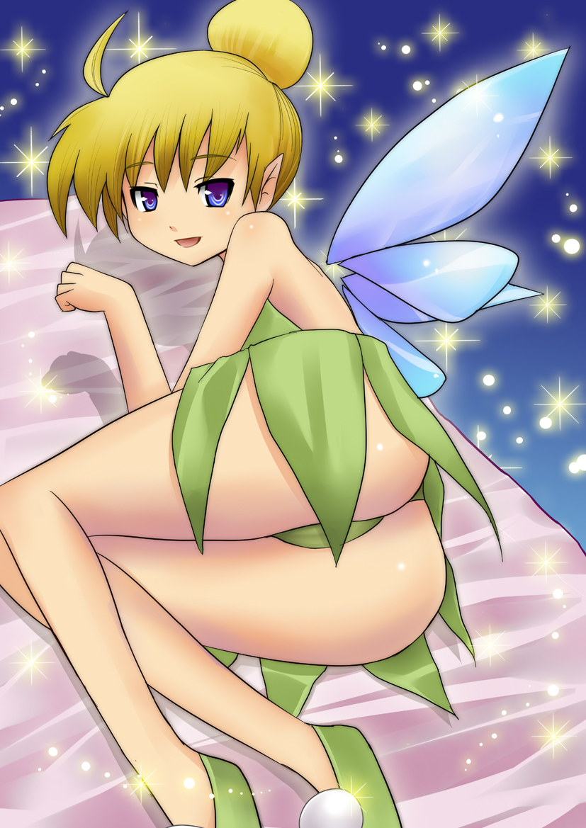 rick.black, tinker bell (disney), disney, walt disney's peter pan, 1girl, ahoge, animification, ass, bare shoulders, blonde hair, blue eyes, fairy, female focus, green skirt, open mouth, panties, pantyshot, pointy ears, skirt, smile, solo, thong, underwear, upskirt, wings