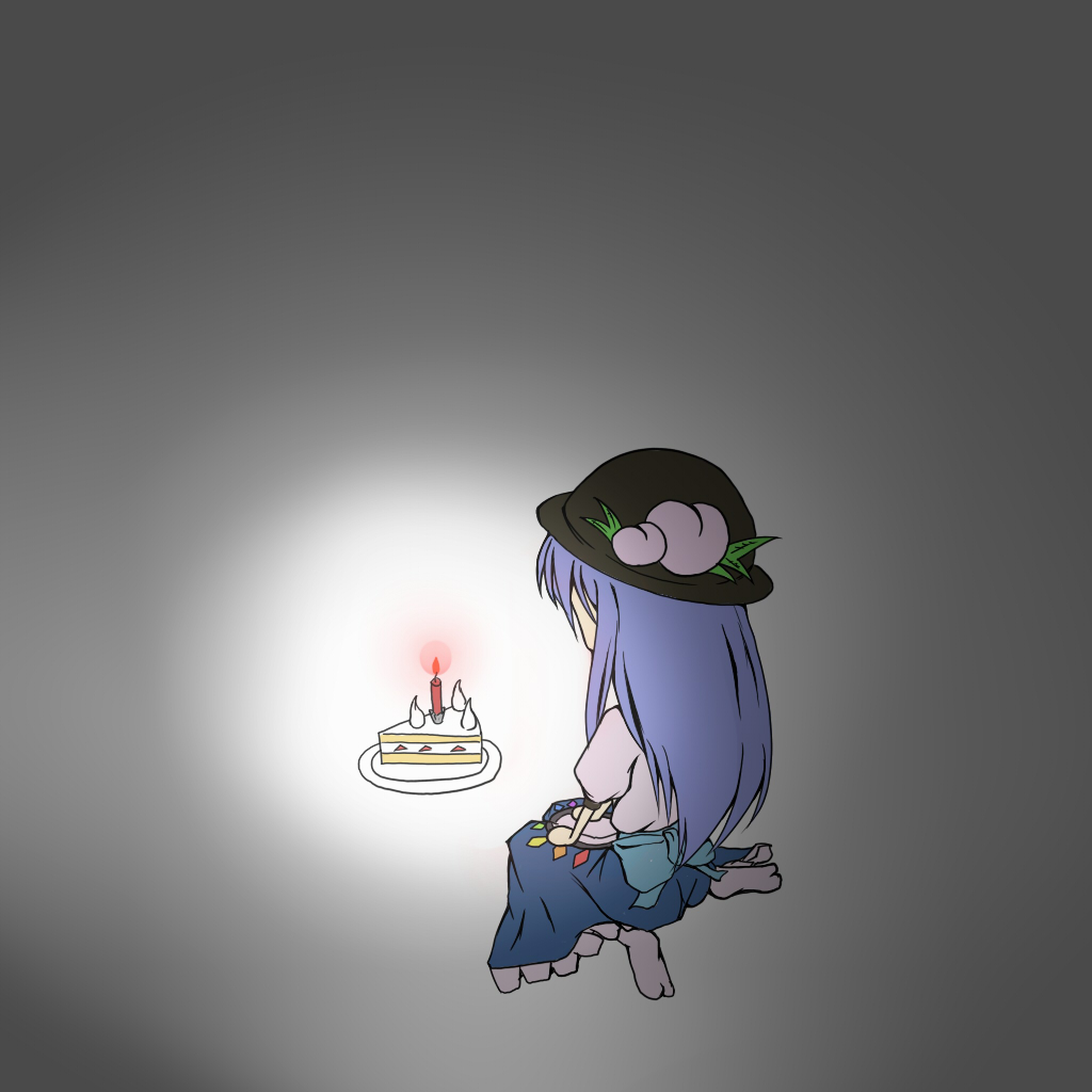 nishiki (soroneko), hinanawi tenshi, touhou, 1girl, blue hair, cake, candle, female focus, food, fruit, full body, gradient background, grey background, hat, lonely, pastry, peach, sitting, socks, solo