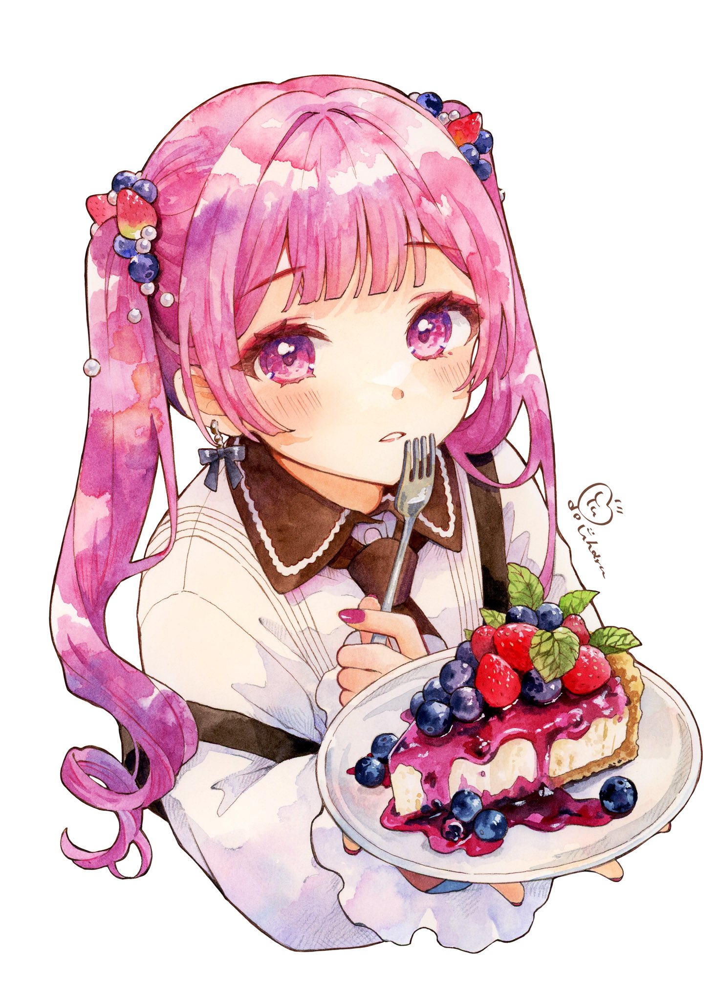 yuyuharu 1027, original, commentary request, highres, 1girl, artist name, blueberry, brown necktie, center-flap bangs, choppy bangs, collared shirt, cropped torso, food, food-themed hair ornament, fork, frilled sleeves, frills, fruit, fruit hair ornament, hair ornament, holding, holding fork, holding plate, jam, long sleeves, looking at viewer, necktie, parted lips, pie, pie slice, pink eyes, pink hair, plate, shirt, simple background, solo, strawberry, white background, white shirt