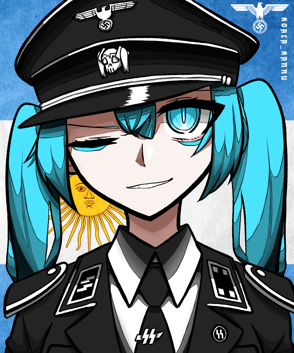 koalakanru, hatsune miku, worldwide miku, vocaloid, highres, 1girl, aqua hair, argentinian flag, armor, artist name, black hat, flag background, hair between eyes, hat, long hair, looking at viewer, military uniform, nazi, one eye closed, pauldrons, portrait, reichsadler, shirt, shoulder armor, smile, solo, ss insignia, twintails, very long hair