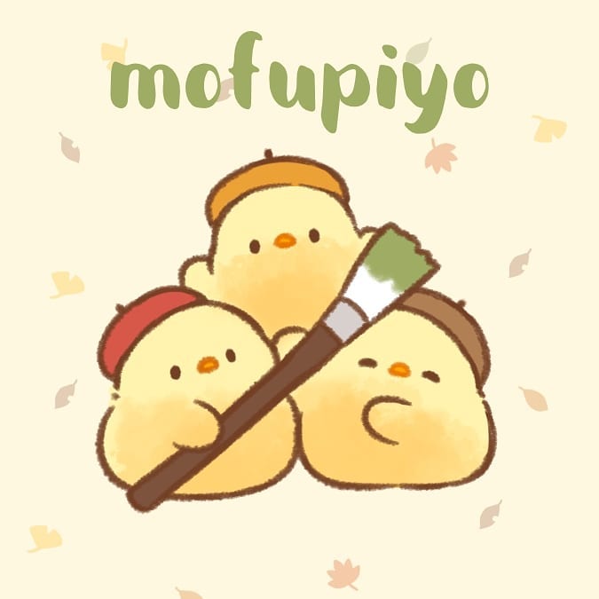 mofupiyo, original, commentary request, ^ ^, animal, animal focus, autumn, autumn leaves, baby animal, beak, beret, bird, black eyes, brown hat, chick, closed eyes, clothed animal, happy, hat, holding, holding paintbrush, leaf, leaf background, no humans, oversized object, paintbrush, red hat, sharing, solid oval eyes, yellow background, yellow hat