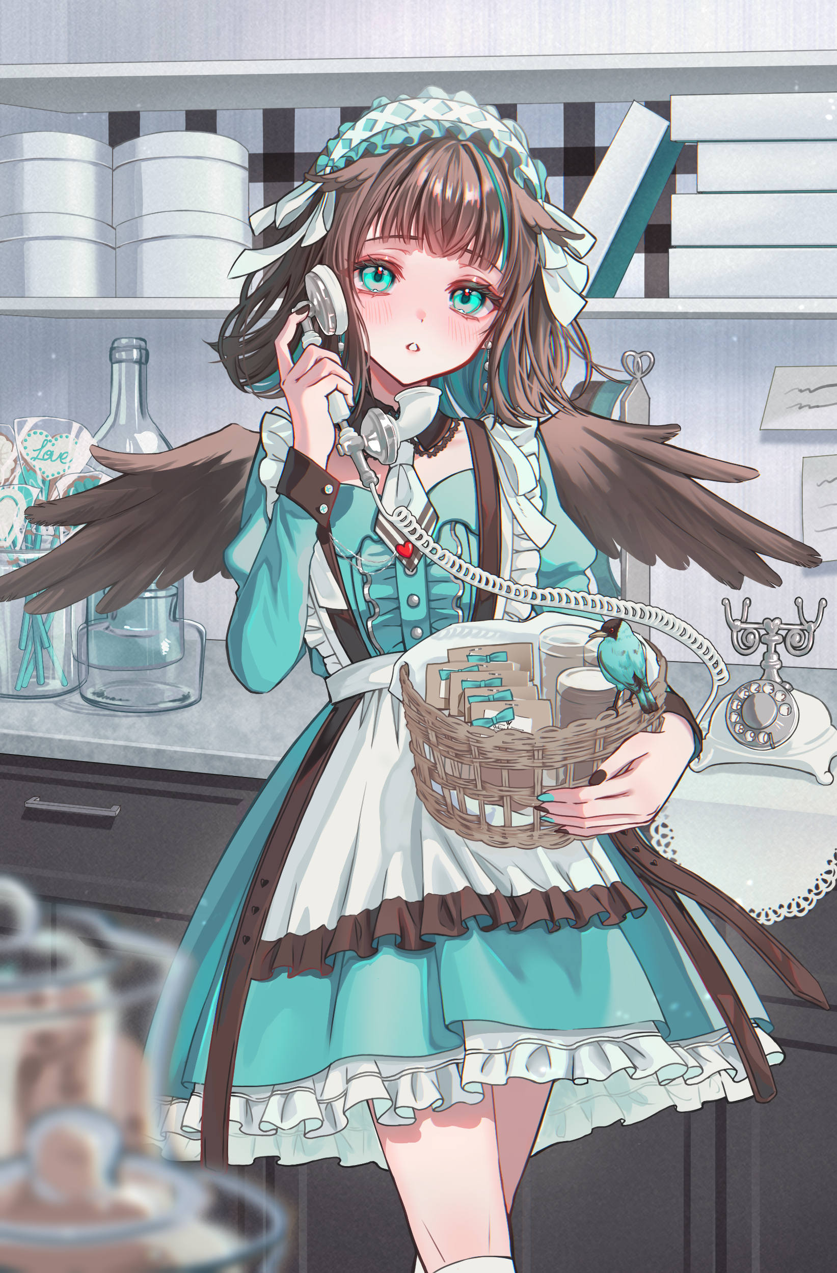 satori suzuha, original, absurdres, clip studio paint (medium), commentary request, highres, 1girl, antique phone, apron, basket, bird, blush, brown hair, brown wings, corded phone, cowboy shot, dress, feathered wings, frilled apron, frilled dress, frilled hairband, frills, green dress, green eyes, green streaks, hairband, holding, holding basket, holding phone, juliet sleeves, kneehighs, long sleeves, looking at viewer, multicolored hair, parted lips, phone, puffy sleeves, rotary phone, short hair, socks, solo, standing, streaked hair, white apron, white hairband, white socks, wings
