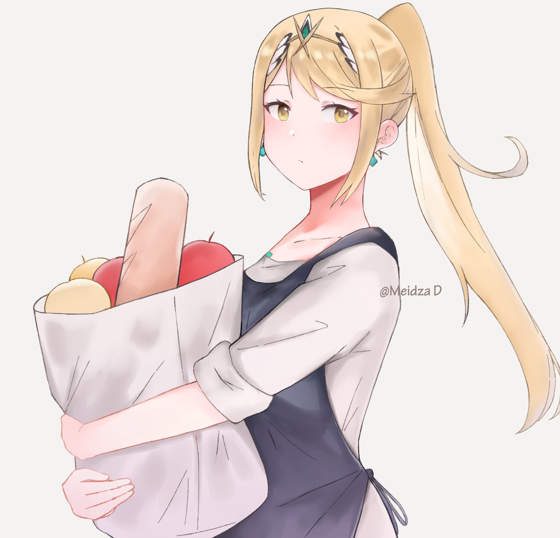 meidza d, mythra (xenoblade), xenoblade chronicles (series), xenoblade chronicles 2, commentary, english commentary, highres, 1girl, alternate costume, apple, artist name, bag, blonde hair, bread, closed mouth, earrings, food, fruit, high ponytail, holding, holding bag, jewelry, long hair, looking at viewer, ponytail, simple background, solo, standing, tiara, twitter username, white background, yellow eyes