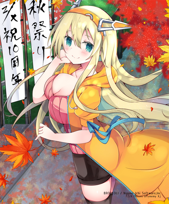 satsuki mayuri, rigel (z/x), z/x, official art, 1girl, aqua eyes, autumn, autumn leaves, banner, black skirt, black thighhighs, blonde hair, blue ribbon, breasts, cleavage, closed mouth, coat, coat ribbon, copyright notice, hairband, hand on own cheek, hand on own face, hood, hooded coat, large breasts, leaf, looking at viewer, nobori, orange coat, orange hairband, outdoors, pink sweater, ribbed sweater, ribbon, skirt, solo, sweater, thighhighs