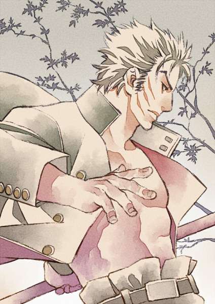 yorozu, sakigake!! otokojuku, commentary request, 1boy, black pants, buttons, closed mouth, date omito, fingernails, grey background, jacket, long sleeves, male focus, open clothes, open jacket, pants, scar, scar on face, short hair, sideburns, solo, toned, toned male, upper body, v-shaped eyebrows