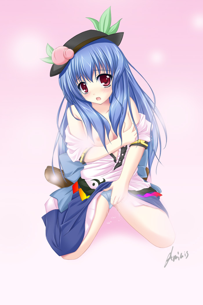 amicis, hinanawi tenshi, touhou, 1girl, bare shoulders, blue hair, breasts, female focus, female masturbation, fingering, food, fruit, grabbing another's breast, grabbing own breast, groping, hat, leaf, long hair, masturbation, panties, peach, red eyes, shoes, solo, underwear