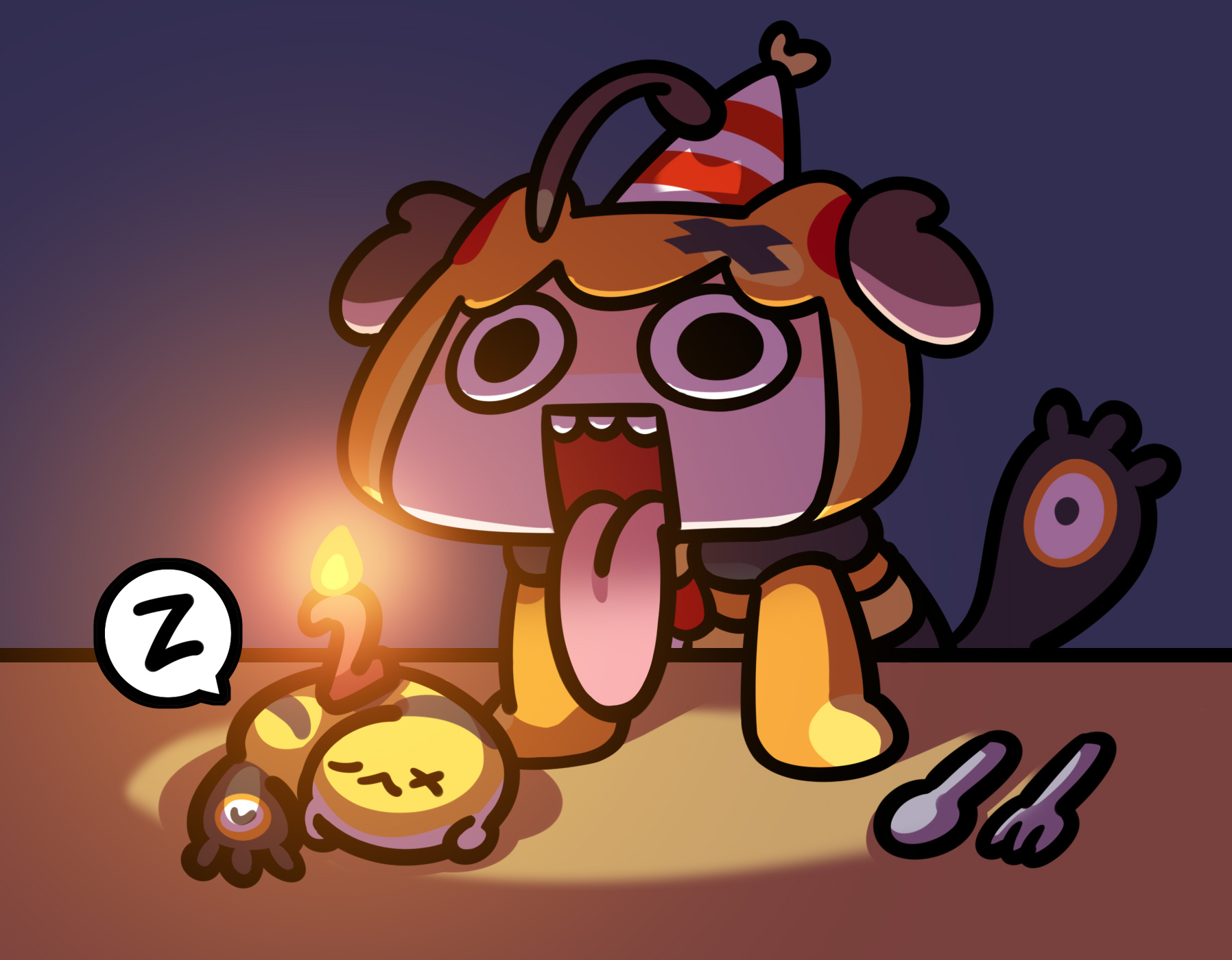 keenbiscuit, gigi murin, grem (gigi murin), hololive, hololive english, highres, ahoge, brown hair, curled up, fire, fork, hat, open mouth, party hat, sleeping, smile, spoken zzz, spoon, table, tail, tongue, tongue out, twintails, virtual youtuber, zzz