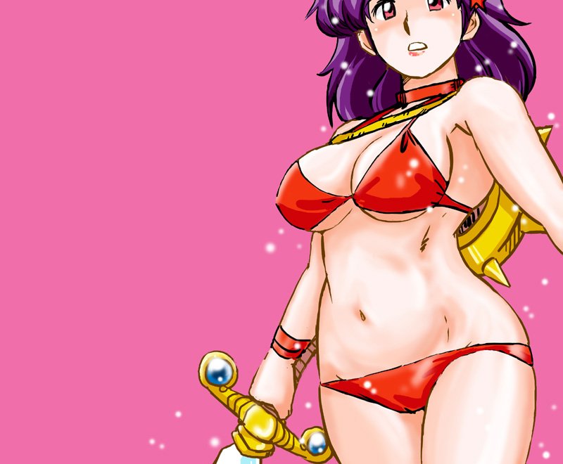 azuki osamitsu, princess athena, athena (series), snk, bikini, navel, purple hair, red bikini, solo, swimsuit, sword, weapon
