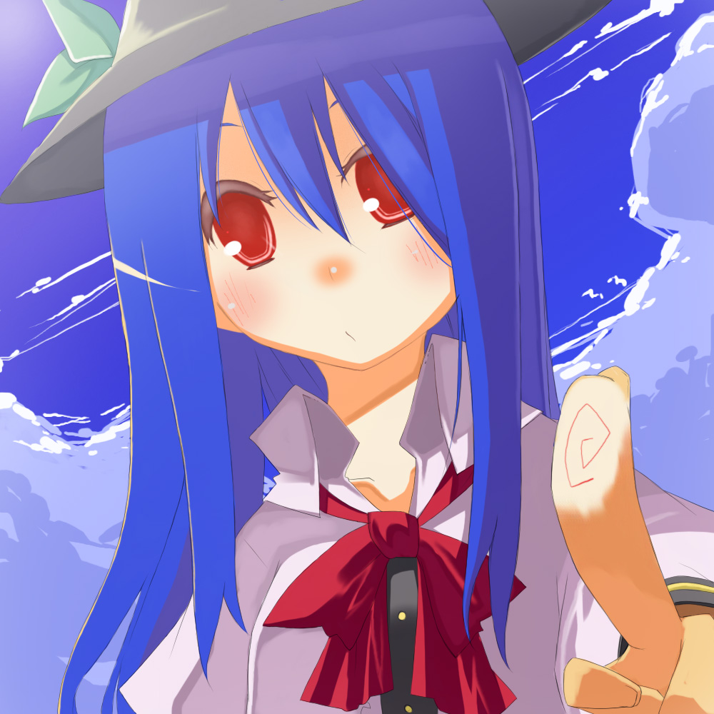 chig (mizusaki), hinanawi tenshi, touhou, bad id, bad pixiv id, 1girl, blue hair, blush, bow, cloud, day, female focus, hat, leaf, pointing, red eyes, sky, solo