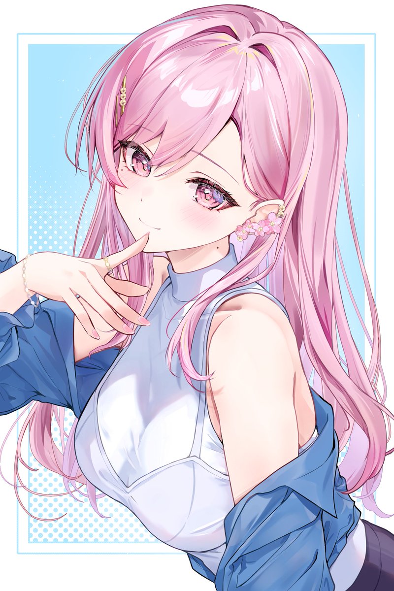 yuki haru, original, commentary, highres, 1girl, blue background, blue jacket, blush, border, bracelet, closed mouth, earrings, flower earrings, hand up, jacket, jewelry, long hair, long sleeves, looking at viewer, mole, mole on neck, off shoulder, open clothes, open jacket, outside border, pink eyes, pink hair, ring, shirt, sleeveless, sleeveless shirt, sleeveless turtleneck, smile, solo, turtleneck, turtleneck shirt, upper body, white border, white shirt