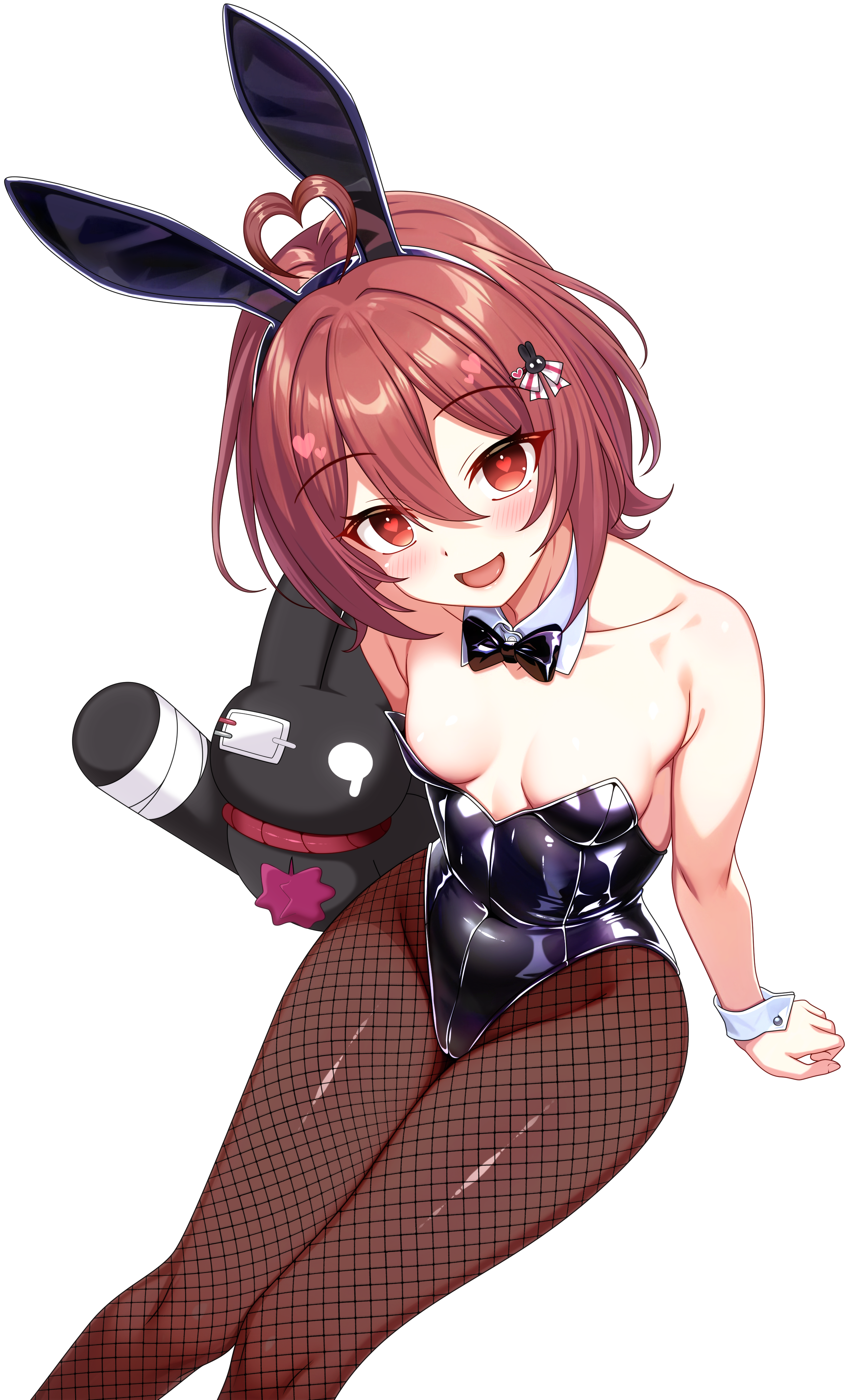 sho2, indie virtual youtuber, absurdres, commission, highres, pixiv commission, 1girl, ahoge, animal ear hairband, animal ears, black bow, black bowtie, black leotard, bow, bowtie, brown pantyhose, detached collar, fake animal ears, fishnet pantyhose, fishnets, hairband, heart, heart ahoge, leotard, pantyhose, playboy bunny, rabbit ears, red eyes, red hair, rumu remu, short hair, simple background, sitting, solo, strapless, strapless leotard, stuffed animal, stuffed rabbit, stuffed toy, virtual youtuber, white background, wrist cuffs