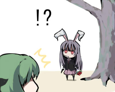 gatau, kochiya sanae, reisen udongein inaba, touhou, lowres, !?, 2girls, ^^^, bouquet, female focus, flower, glowing, glowing eyes, gun, hair in own mouth, multiple girls, outdoors, standing, tree, weapon, white background