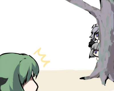 gatau, izayoi sakuya, kochiya sanae, konpaku youmu, touhou, lowres, 3girls, ^^^, female focus, jealous, multiple girls, nature, plant, stalking, tree