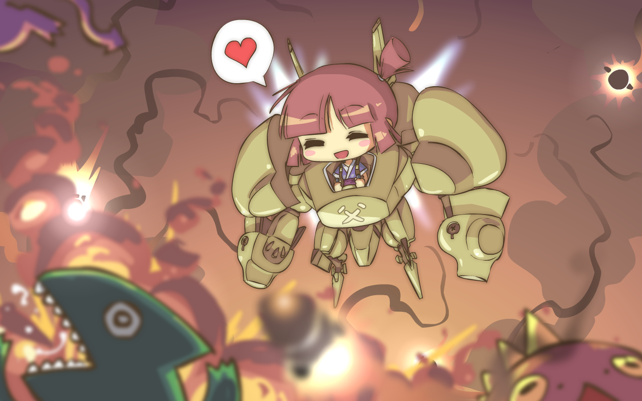 john su, 1girl, chibi, explosion, female focus, flying, mecha, missile, robot, side ponytail, solo