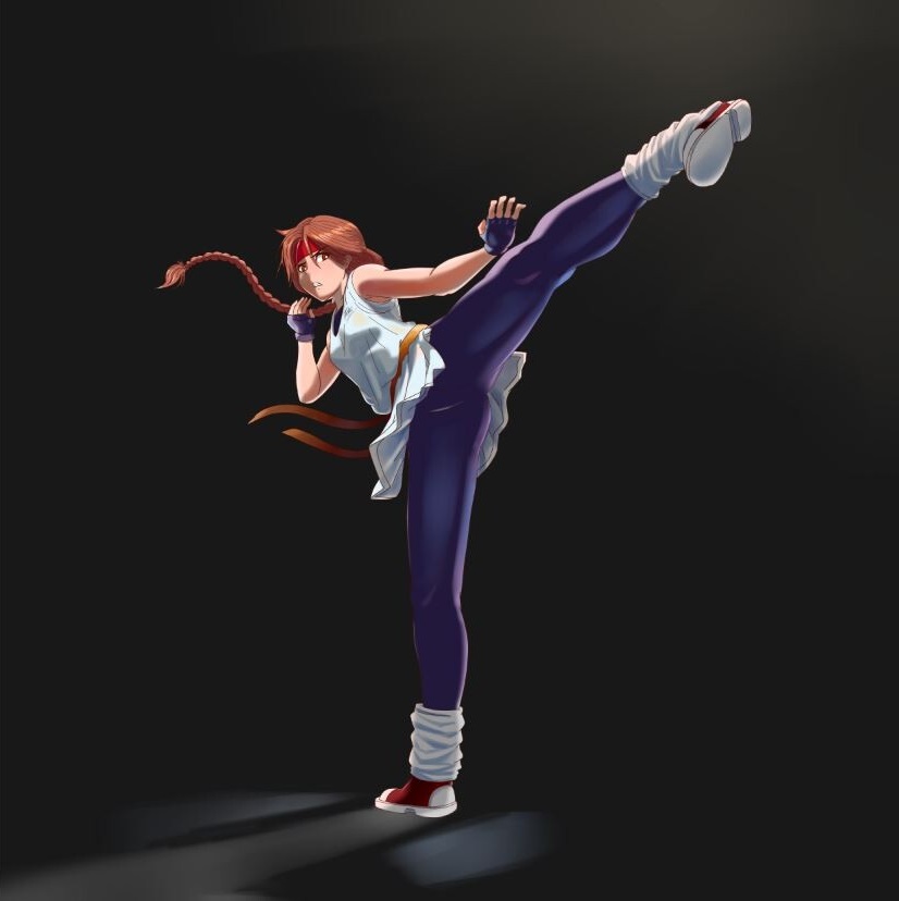 yuri sakazaki, the king of fighters, 1girl, braid, braided ponytail, breasts, brown eyes, brown hair, dougi, gloves, gymnastics, karate gi, leg up, leggings, long hair, medium breasts, pale skin, pants, ricoabadesco, shoes, skirt, sneakers, socks, standing, standing on one leg, thick thighs, thighs