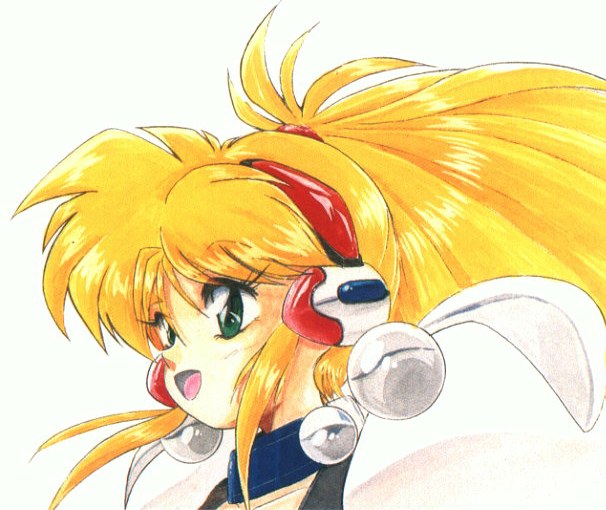 akitaka mika, kagurazaka yuna, ginga ojou-sama densetsu yuna, 1980s (style), scan, 1990s (style), 1girl, armor, blonde hair, choker, close-up, female focus, green eyes, headphones, long hair, oldschool, retro artstyle, solo, wide ponytail