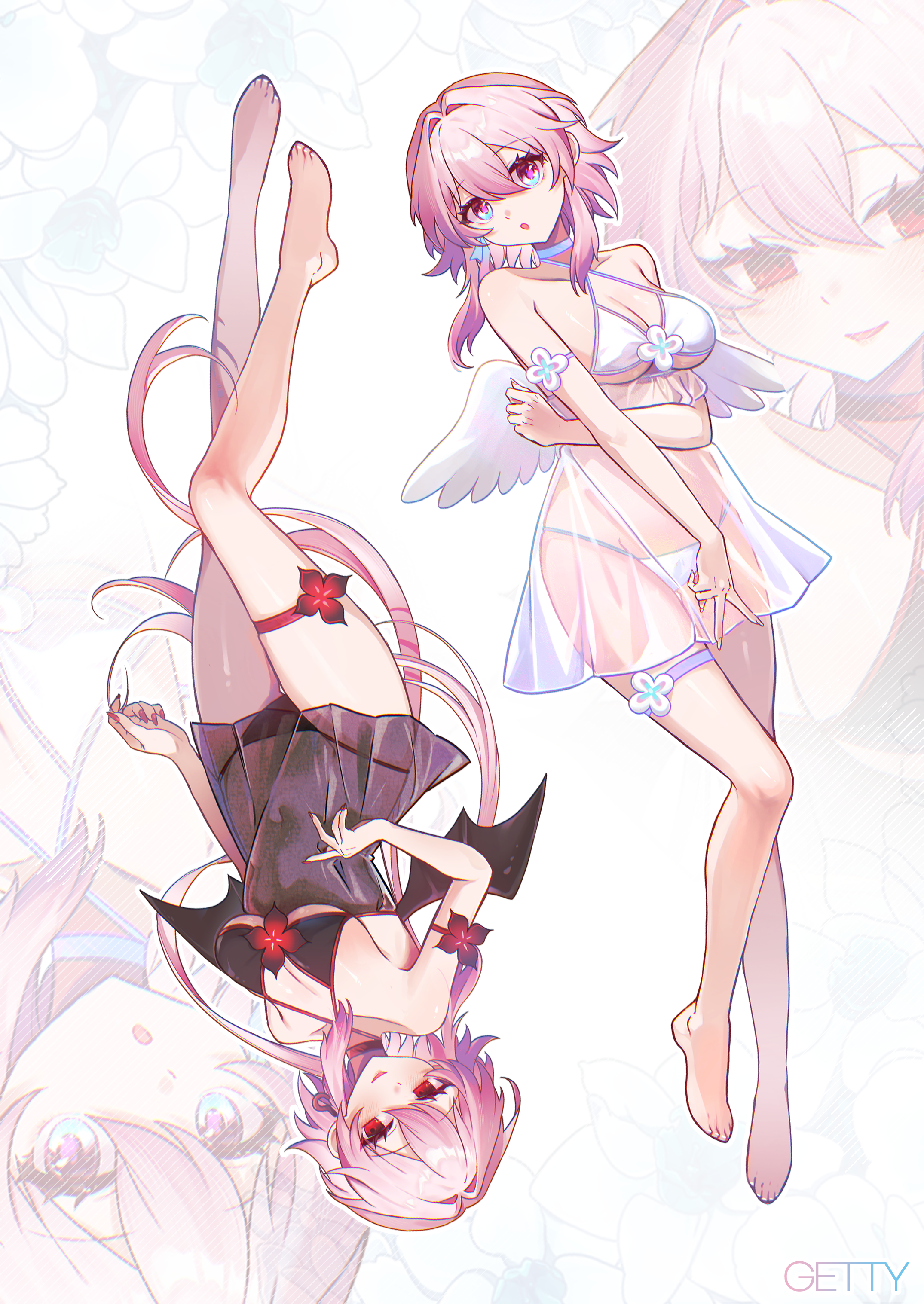 getty-gy, evernight (honkai: star rail), march 7th (honkai: star rail), honkai: star rail, honkai (series), absurdres, highres, 2girls, alternate costume, angel, costume, demon costume, demon girl, multicolored eyes, multiple girls, official alternate eye color, pink hair, see-through clothes, two-tone eyes