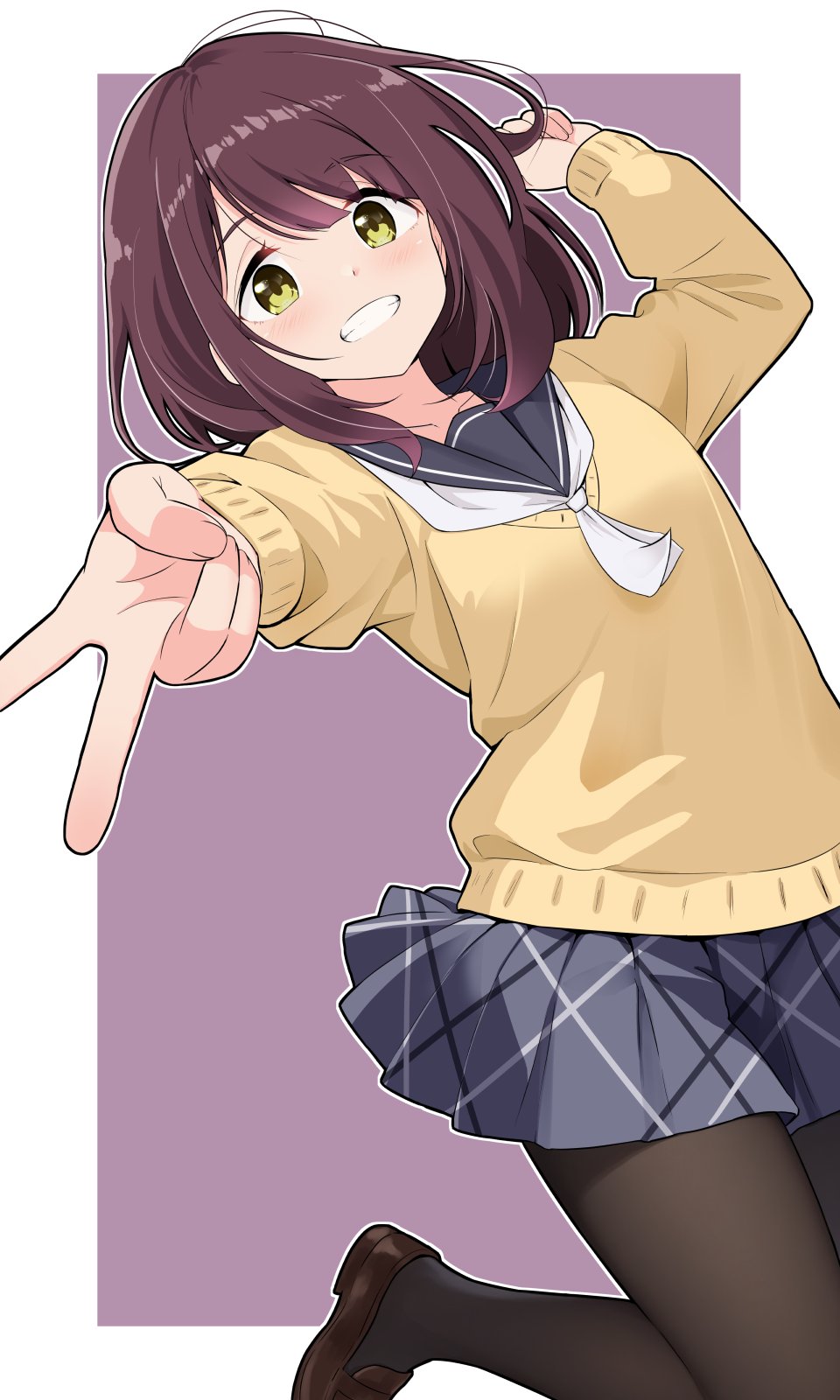 azumawari (azumofu), toki ayano, yurucamp, commentary request, highres, 1girl, black pantyhose, black sailor collar, blue skirt, blush, border, collarbone, grin, gyaru v, loafers, long sleeves, looking at viewer, motosu school uniform, neckerchief, outline, outside border, pantyhose, plaid clothes, plaid skirt, pleated skirt, purple background, purple hair, sailor collar, school uniform, shoes, skirt, smile, solo, sweater, teeth, v, white border, white neckerchief, white outline, yellow eyes, yellow sweater