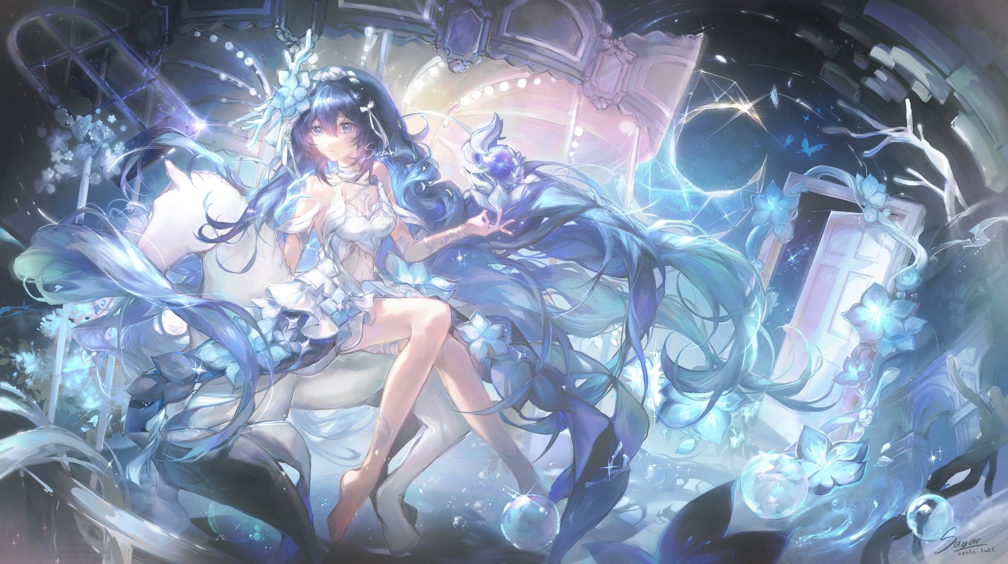 seele vollerei, seele vollerei (herrscher of rebirth), honkai (series), honkai impact 3rd, hashtag-only commentary, highres, 1girl, bare legs, bare shoulders, barefoot, blue eyes, blue hair, breasts, bubble, feet, flower, hair flower, hair ornament, long hair, medium breasts, sitting on animal, solo, unicorn, very long hair, zenta twt1