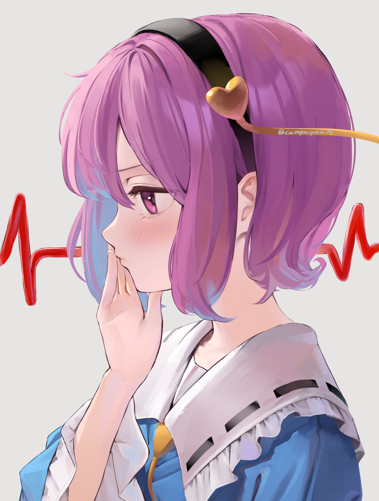 kanpa (campagne 9), komeiji satori, touhou, commentary, highres, 1girl, black hairband, black ribbon, blue shirt, blush, cardiogram, closed mouth, collared shirt, covering own mouth, frilled shirt collar, frills, from side, hair ornament, hairband, hand over own mouth, heart, heart hair ornament, long sleeves, pink eyes, pink hair, profile, ribbon, ribbon-trimmed collar, ribbon trim, shirt, short hair, sidelocks, simple background, solo, twitter username, upper body, white background